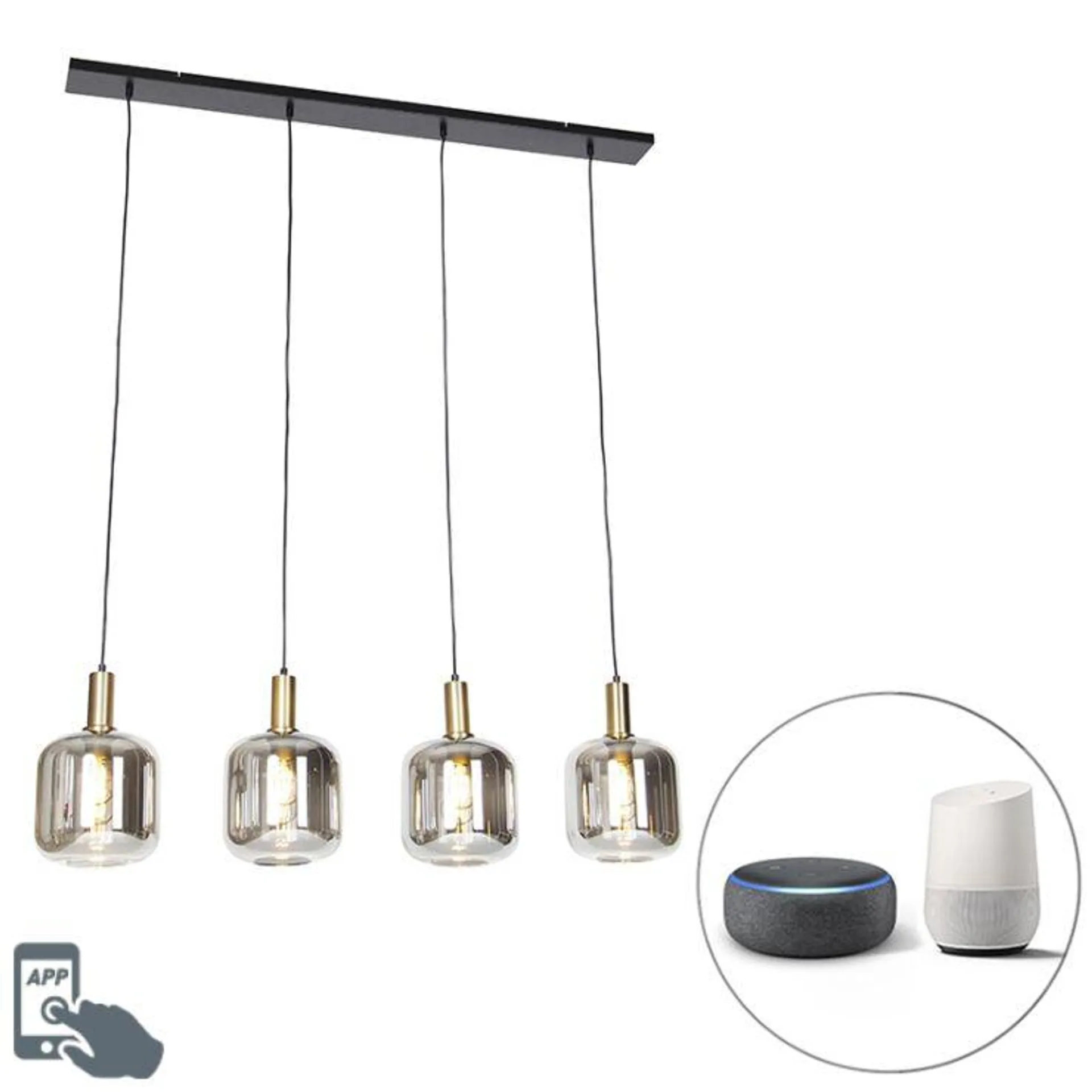 Smart hanglamp zwart met smoke glas 4-lichts incl. Wifi A60 - Zuzanna