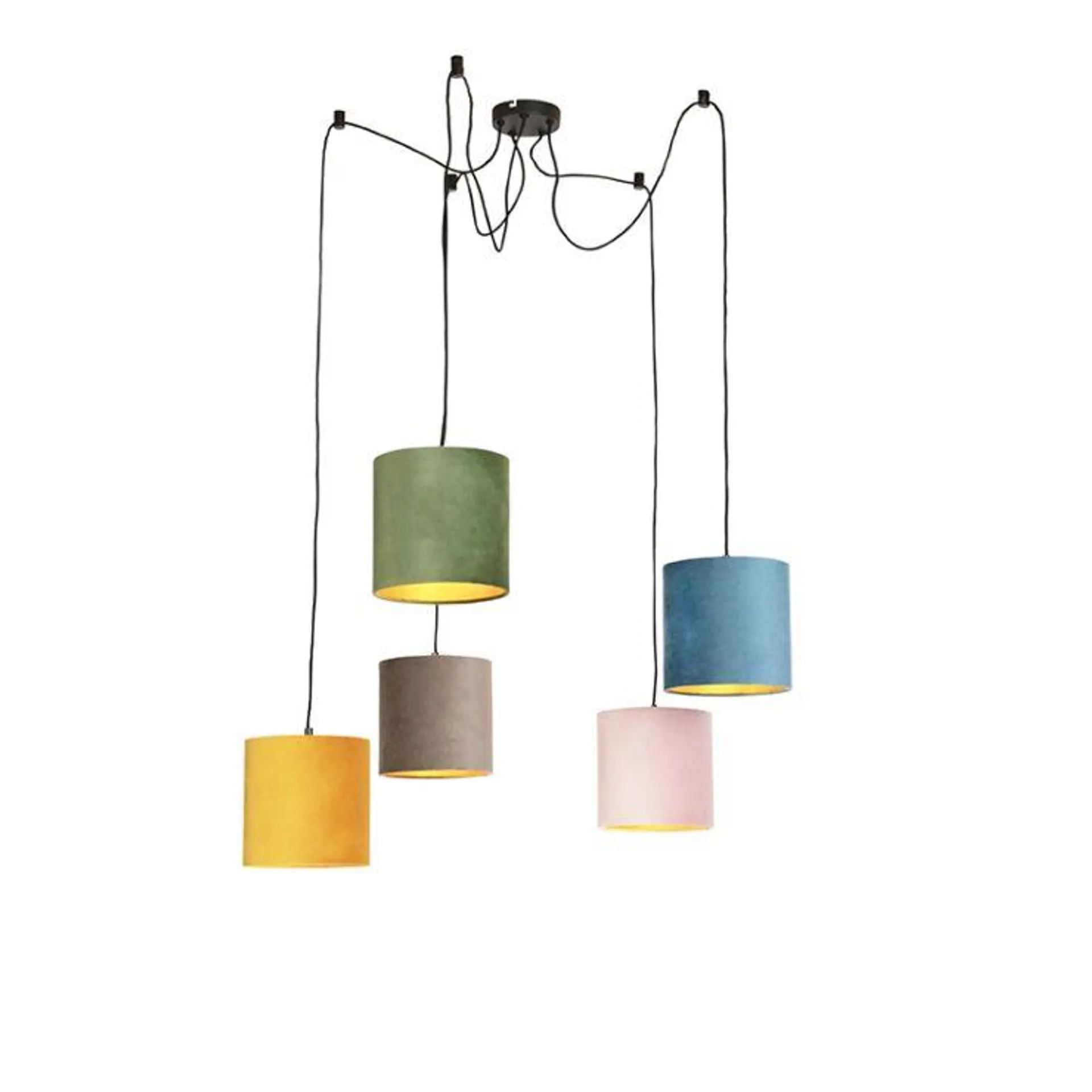 Hanglamp met 5 gekleurde velours kappen 20 cm - Cava