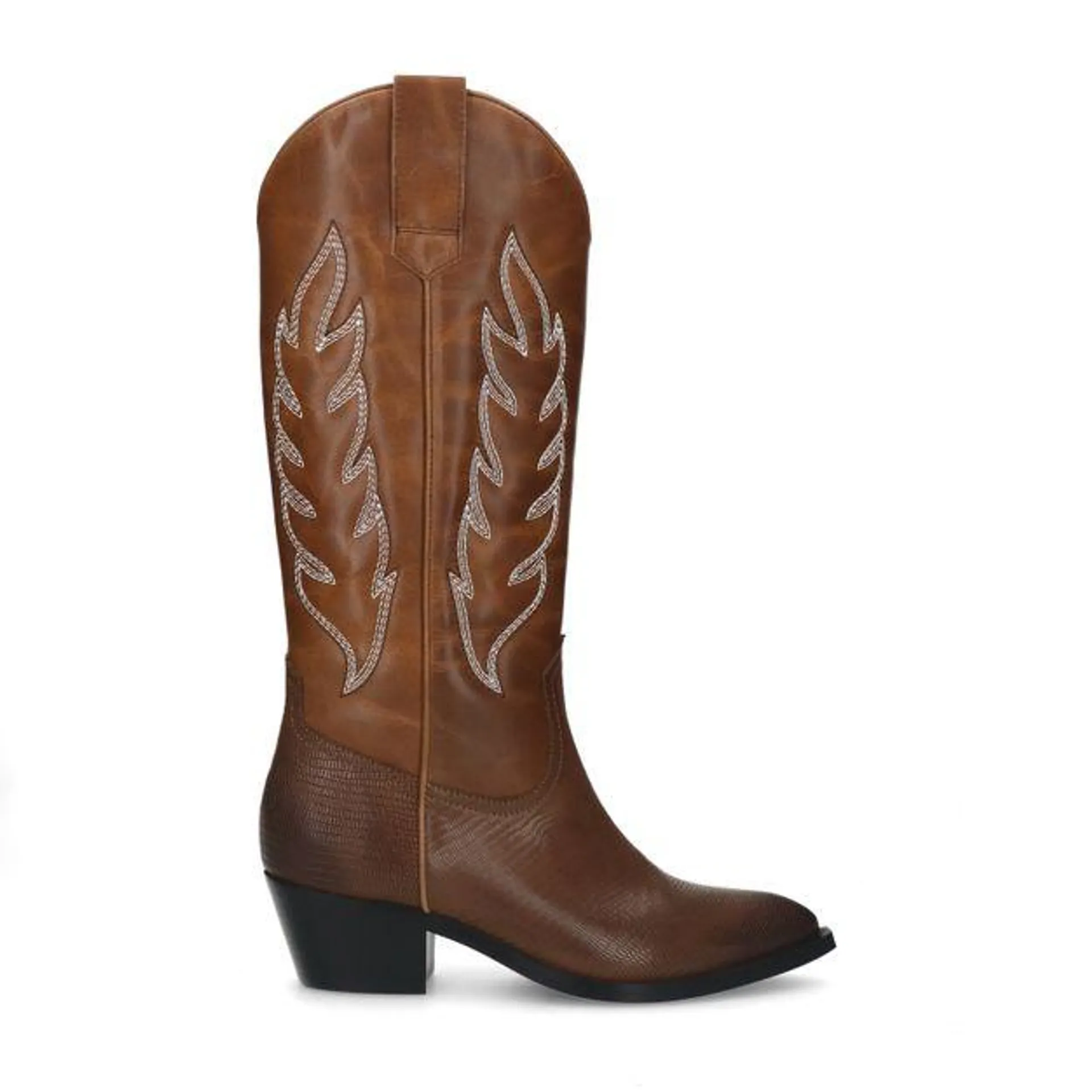 Bruine leren cowboylaarzen met witte sierstiksels