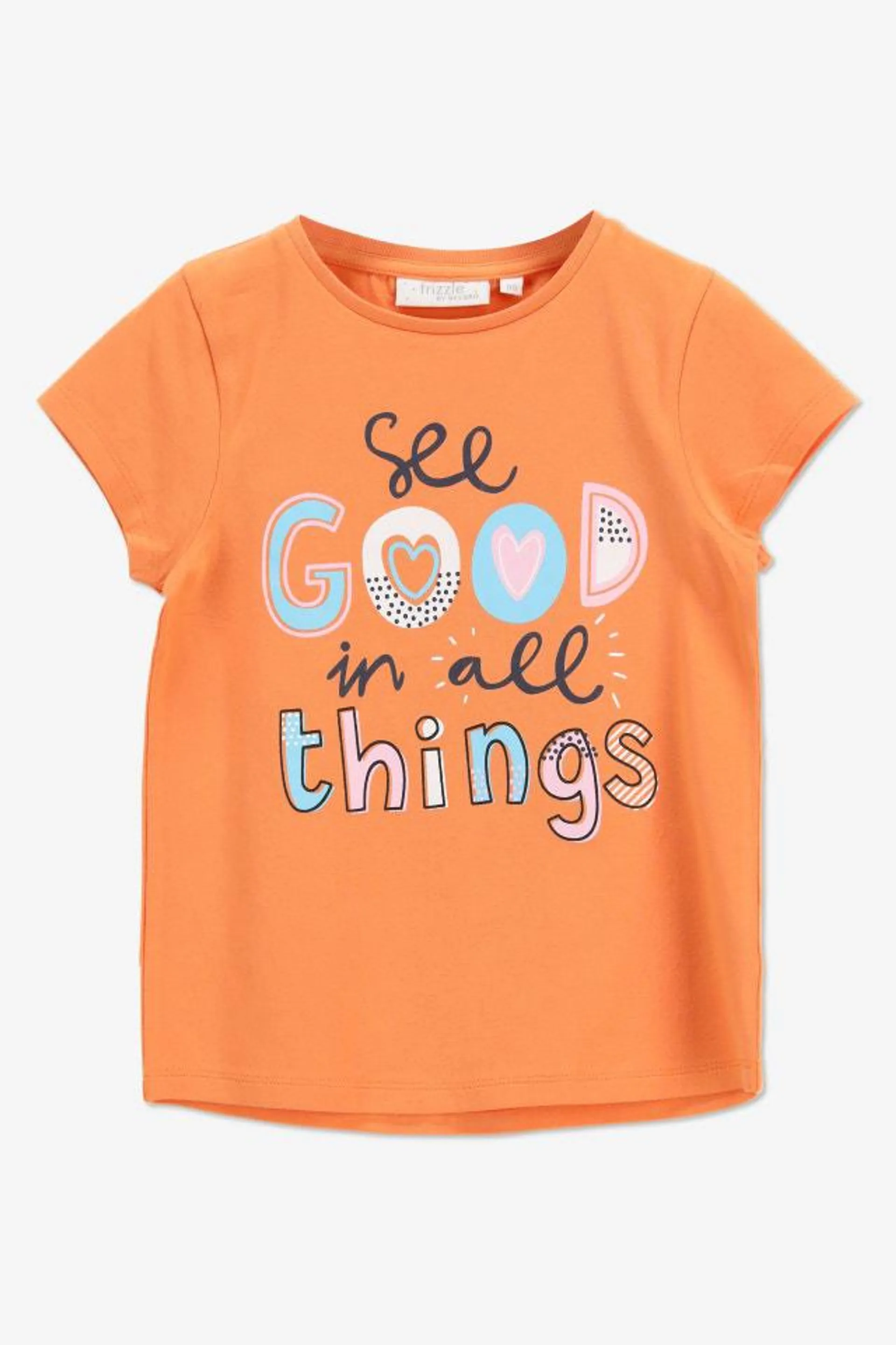 Oranje T-shirt met print "See good in all things"