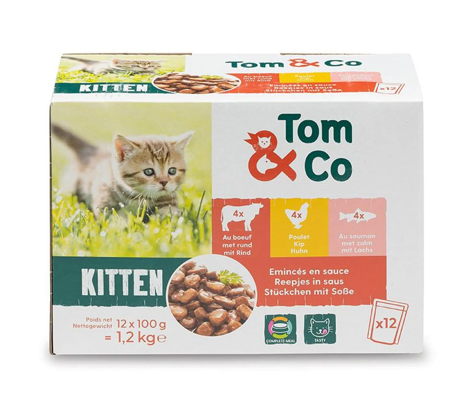 Tom&co stukjes saus 12x100g rund kip zalm kitten