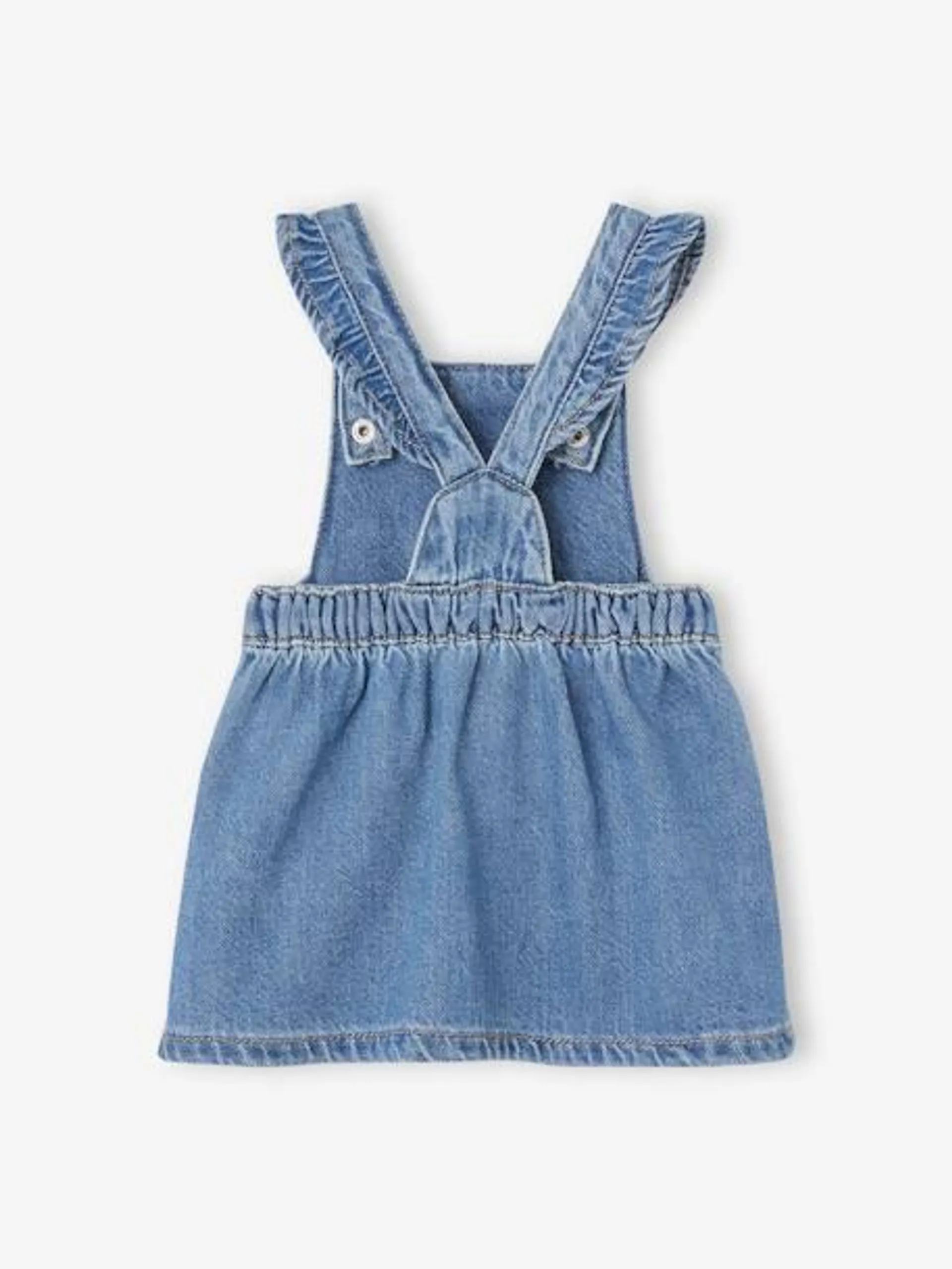 Robe salopette en denim bébé bretelles volantées - stone