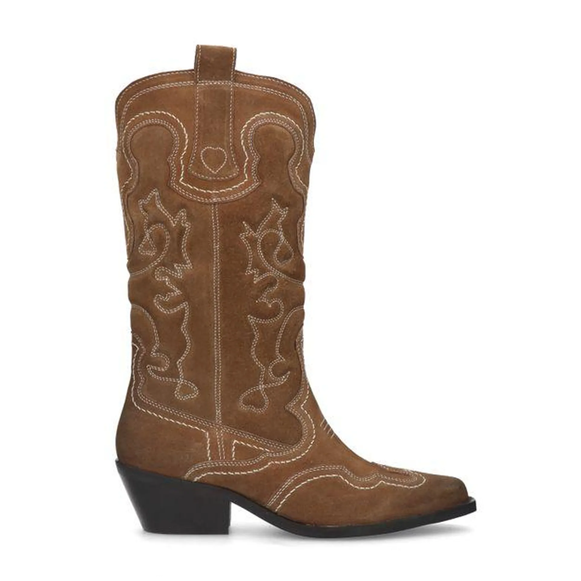 Cognac suède cowboylaarzen met sierstiksels