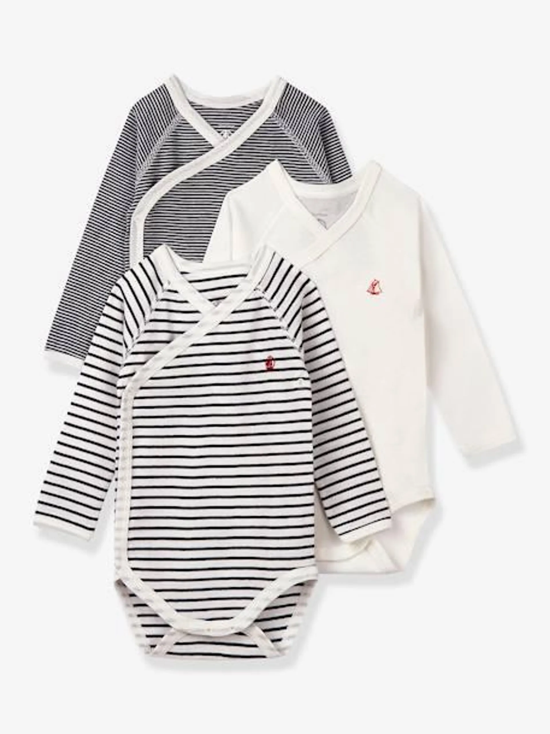 Lot de 3 bodies croisés manches longues rayés bébé naissance en coton bio PETIT BATEAU