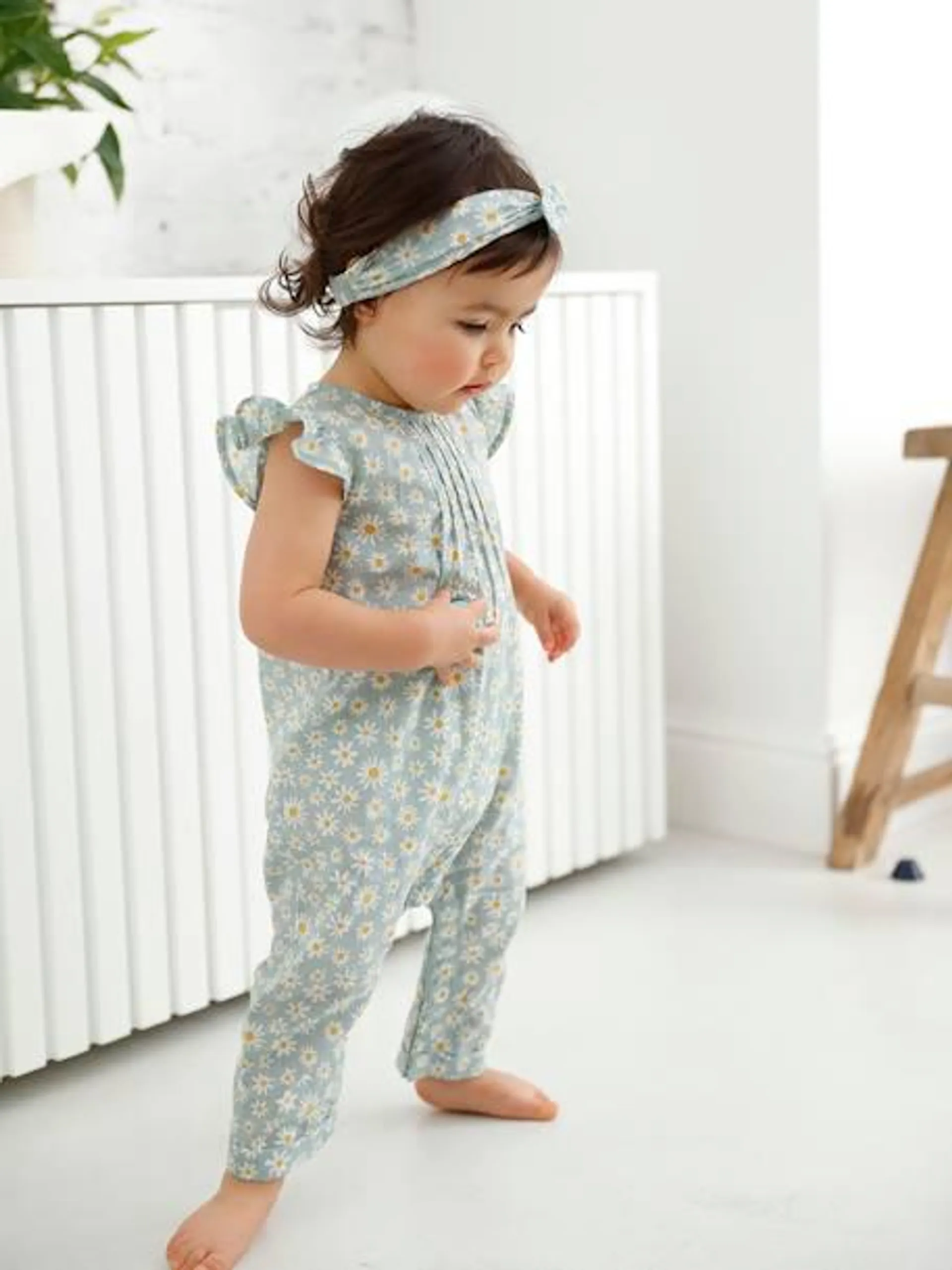 Ensemble combinaison + bandeau imprimés bébé fille - vert céladon imprimé