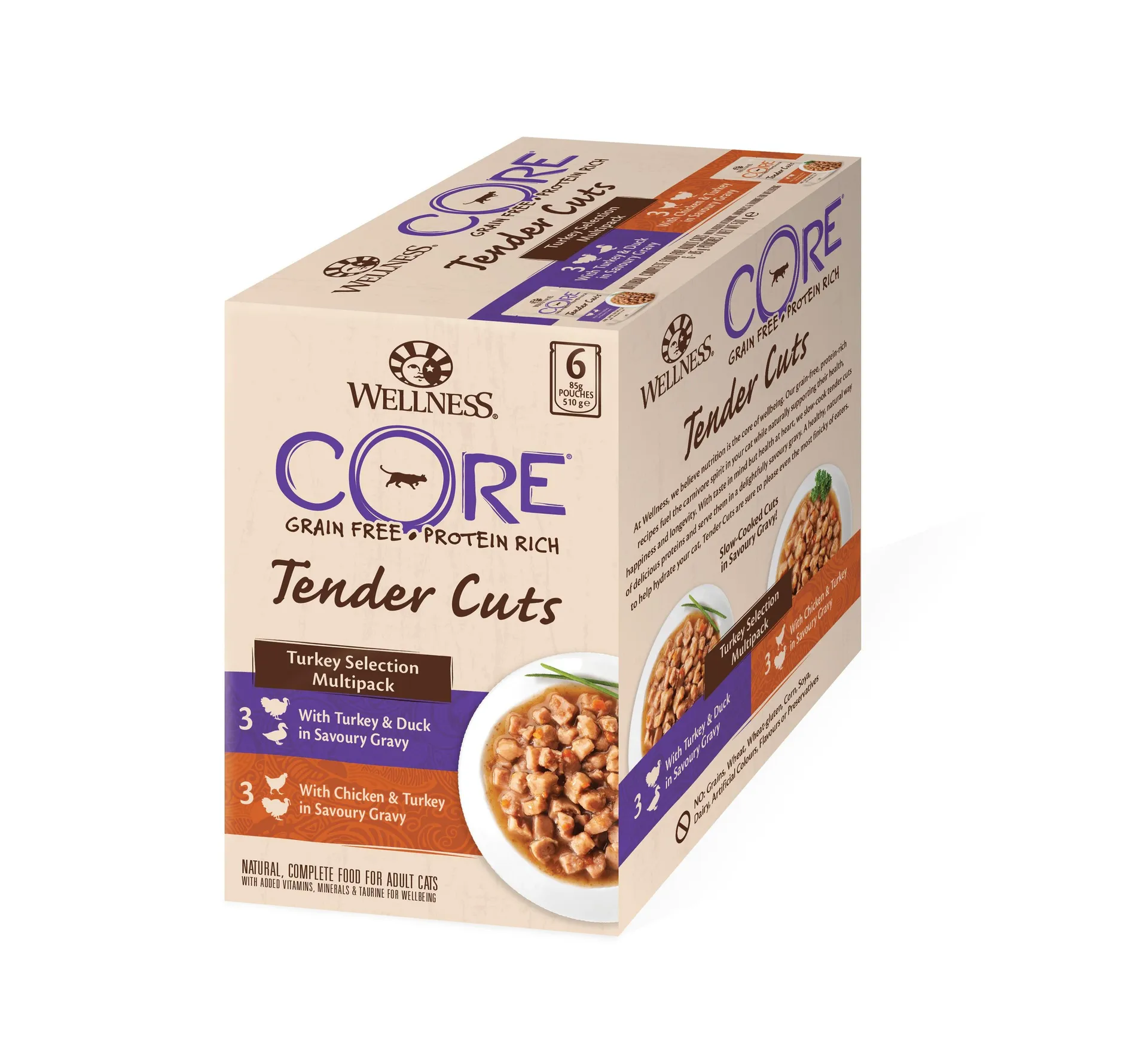 Wellness core grain free tender cuts kalkoen multipack 6x85g voor kat