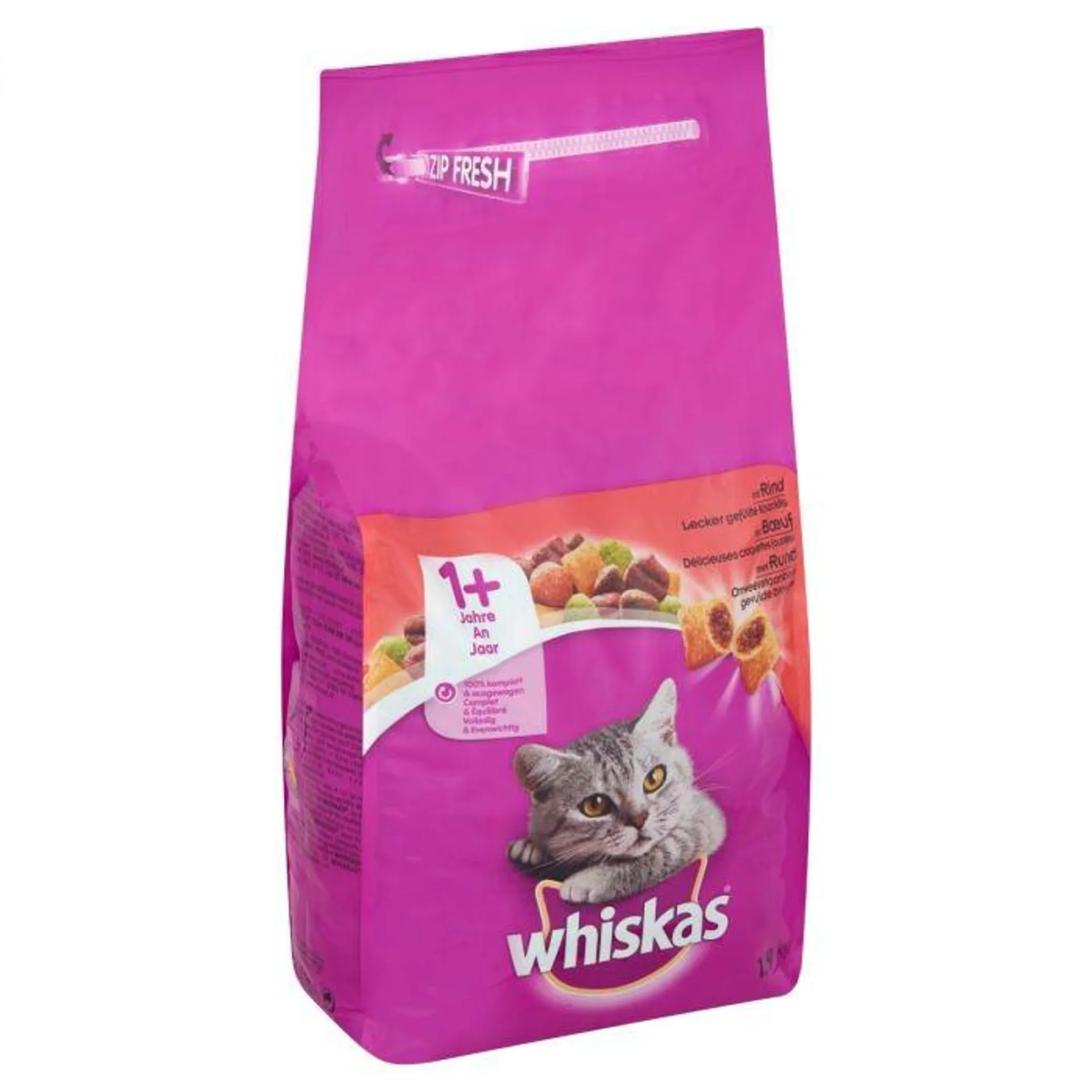 Whiskas chat délicieuses 1+ an croquettes fourrées au bœu 1,9 kg