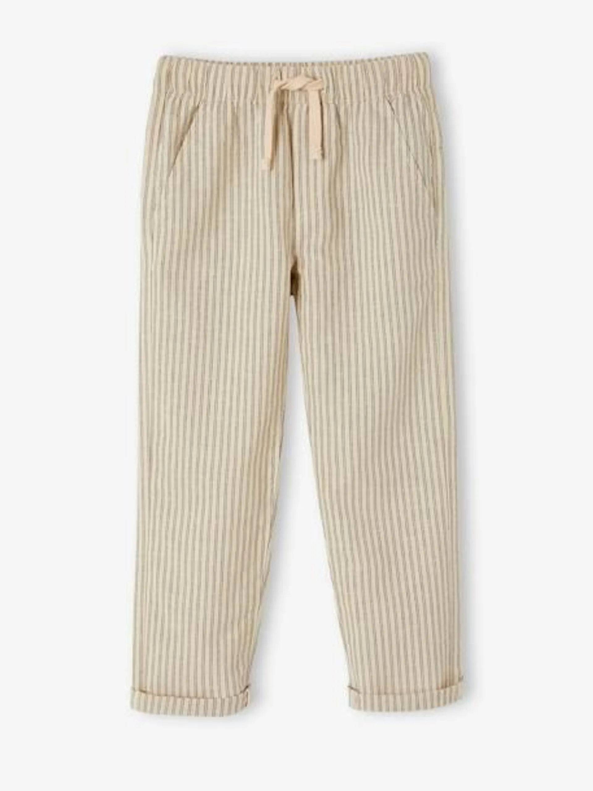 Pantalon rayé forme loose garçon coton/lin - rayé beige