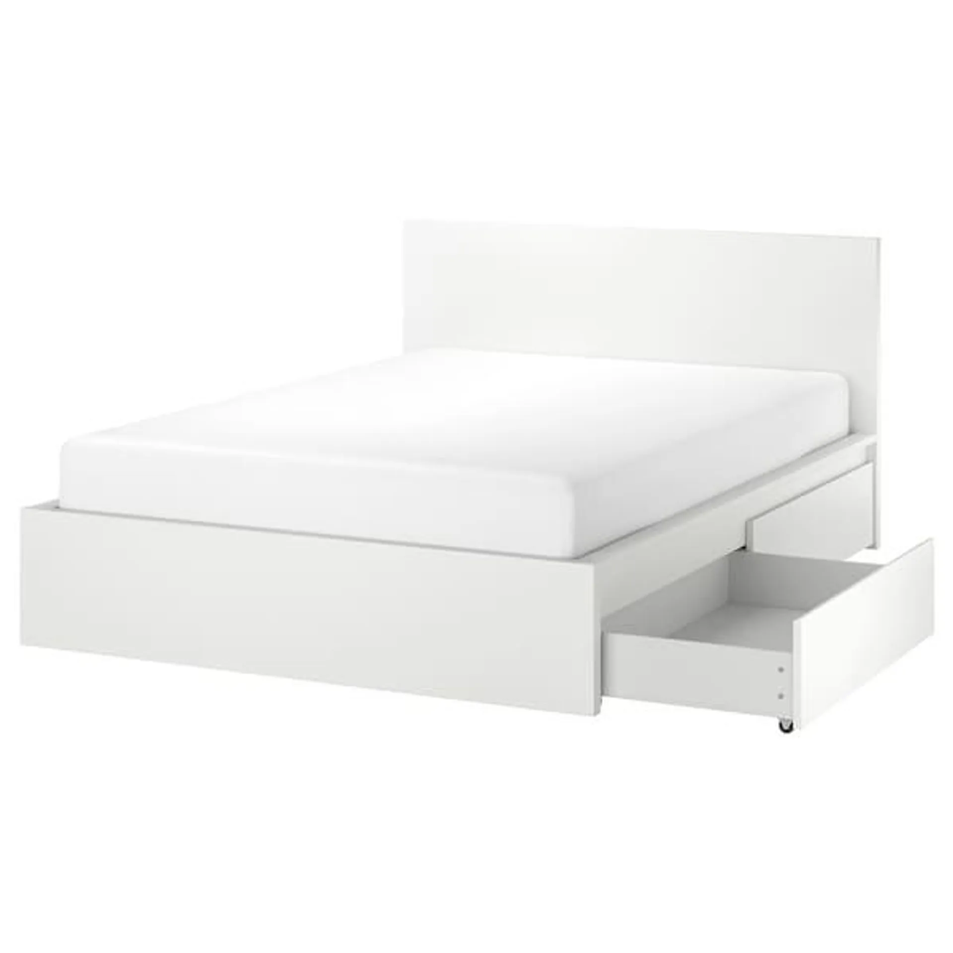 Bed frame, high, w 2 storage boxes, white,