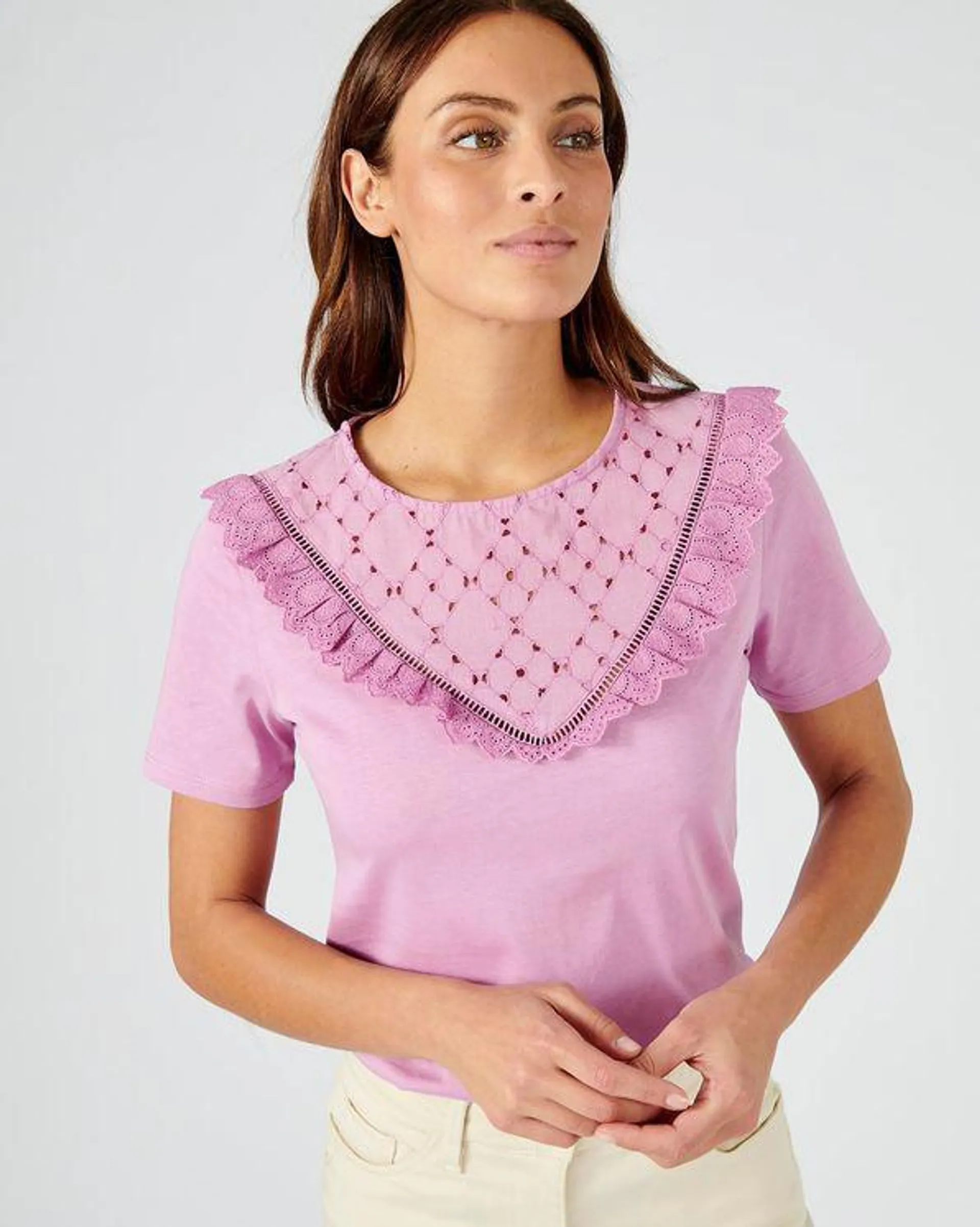 T-shirt in zuiver katoen met broderie anglaise