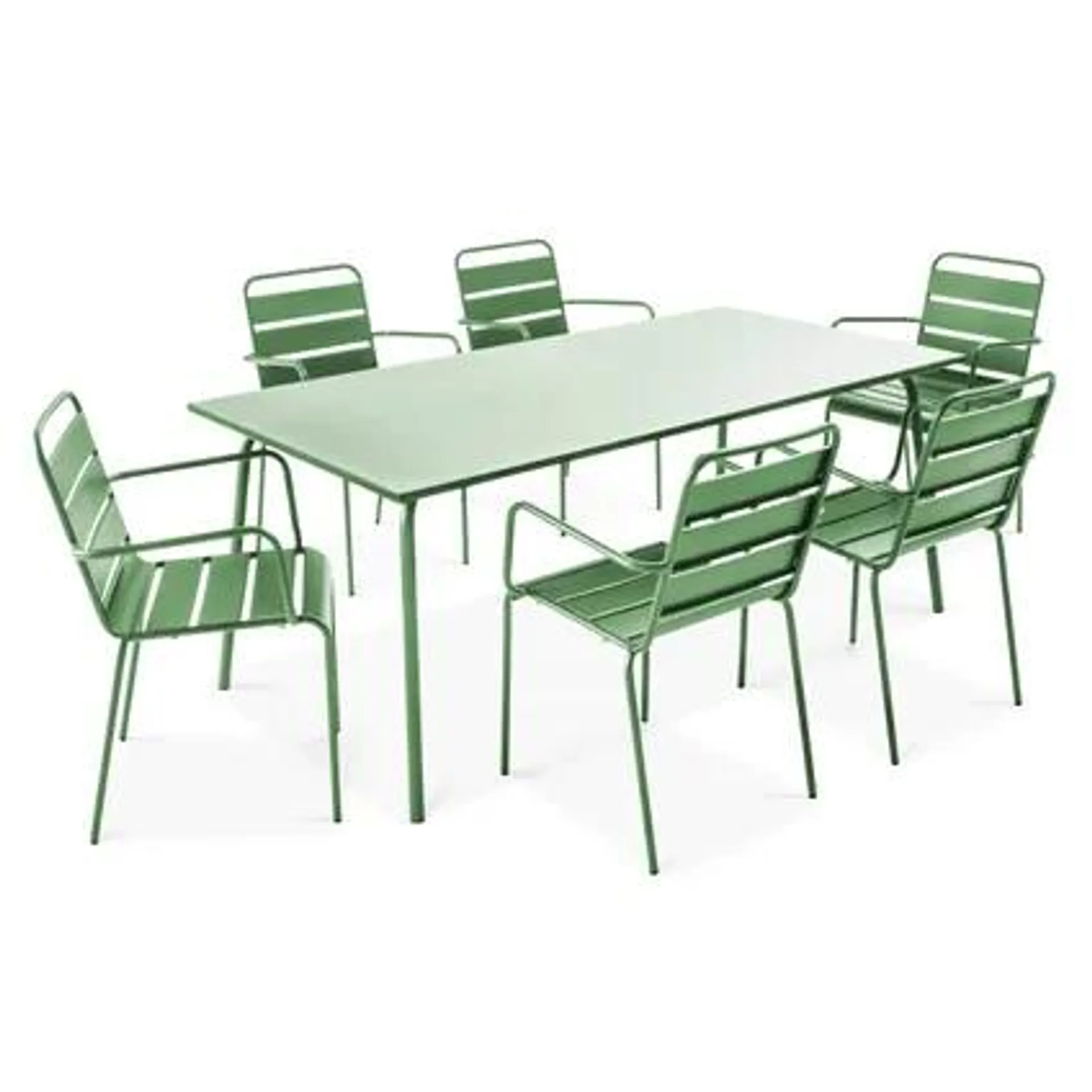 Ensemble table de jardin et 6 fauteuils en métal Oviala Palavas vert cactus