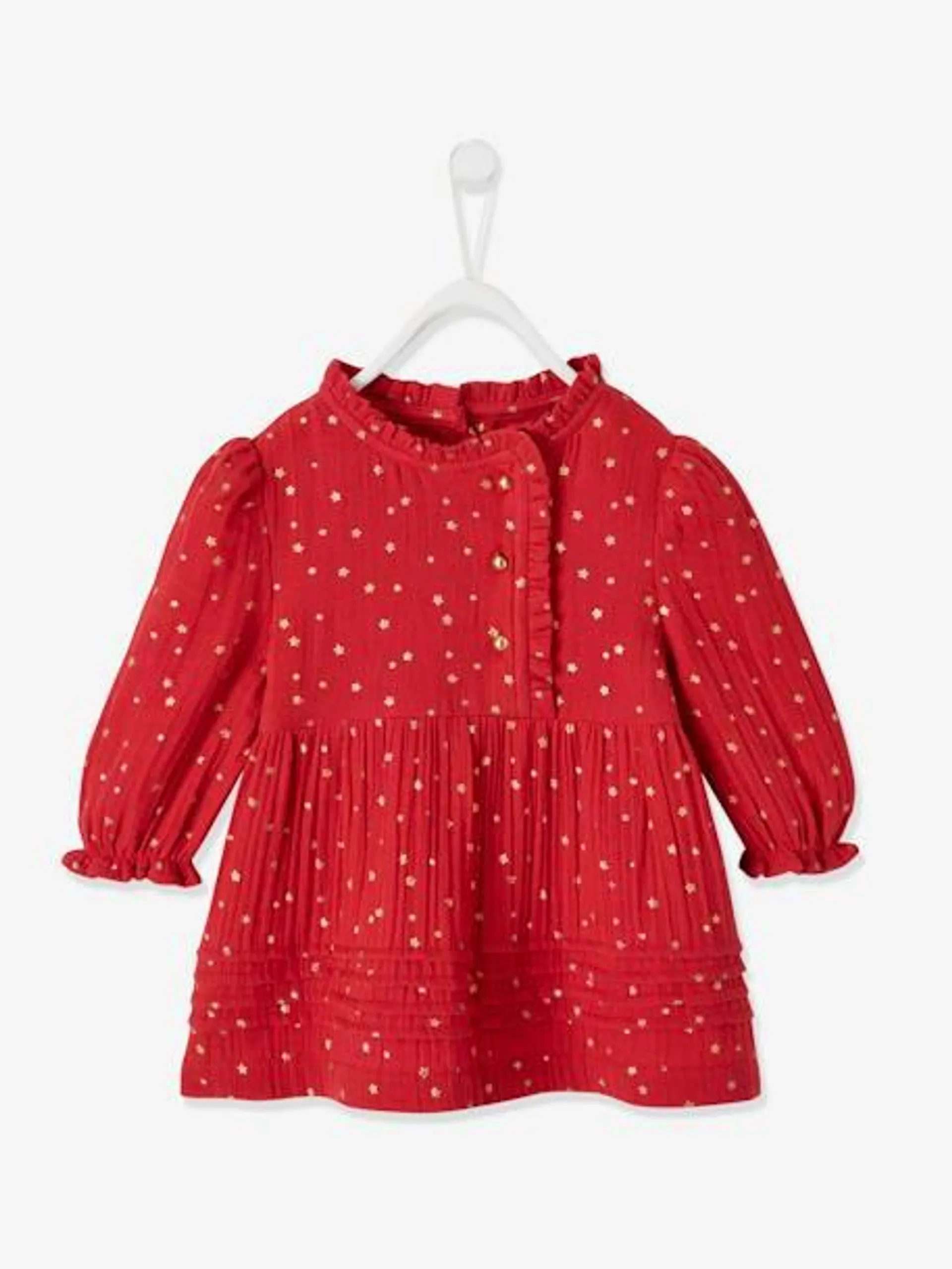 Robe en gaze de coton bébé ouverture décalée - rouge foncé imprimé