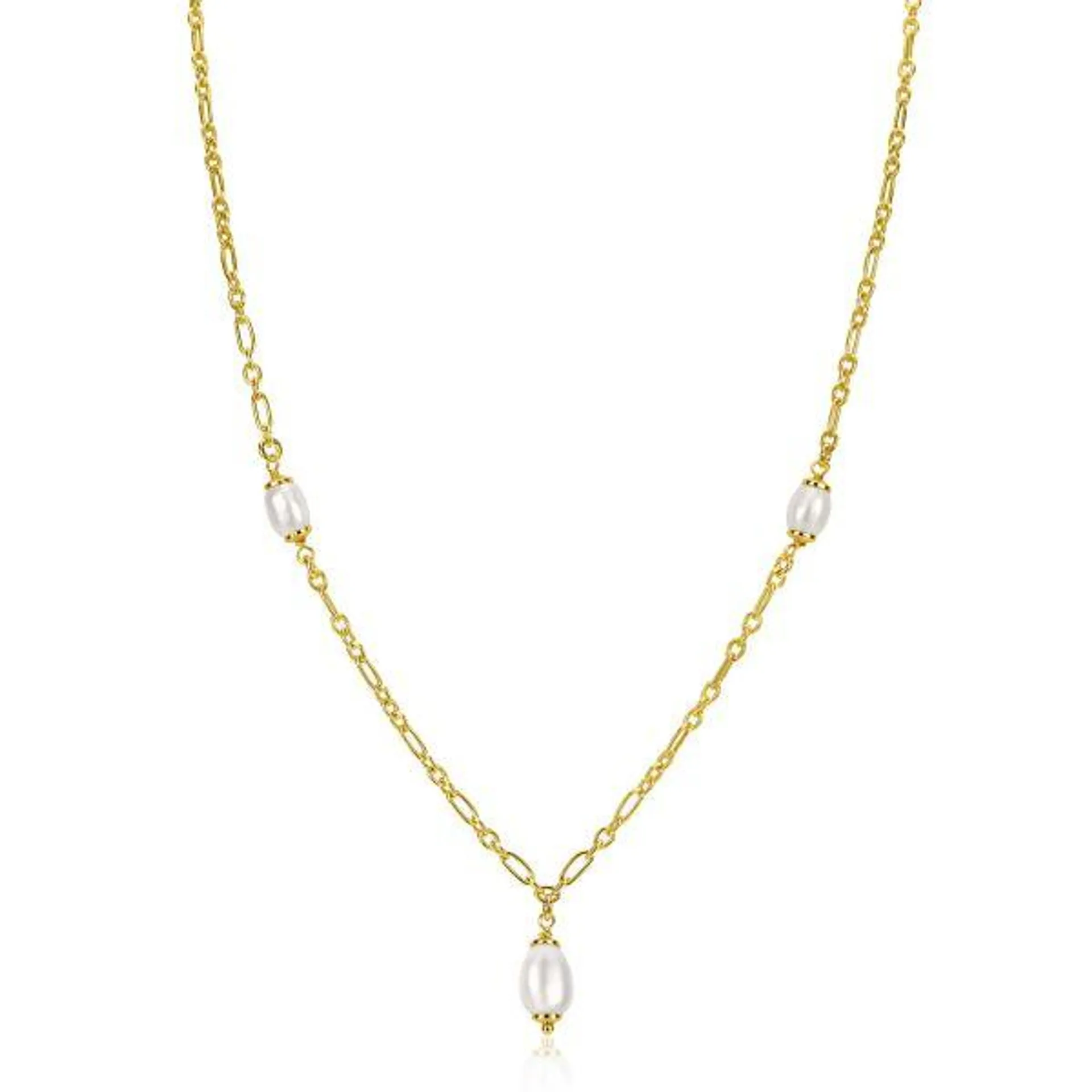 ZINZI gold plated zilveren schakelketting met drie ovale witte zoetwaterparels 40-45cm ZIC2588