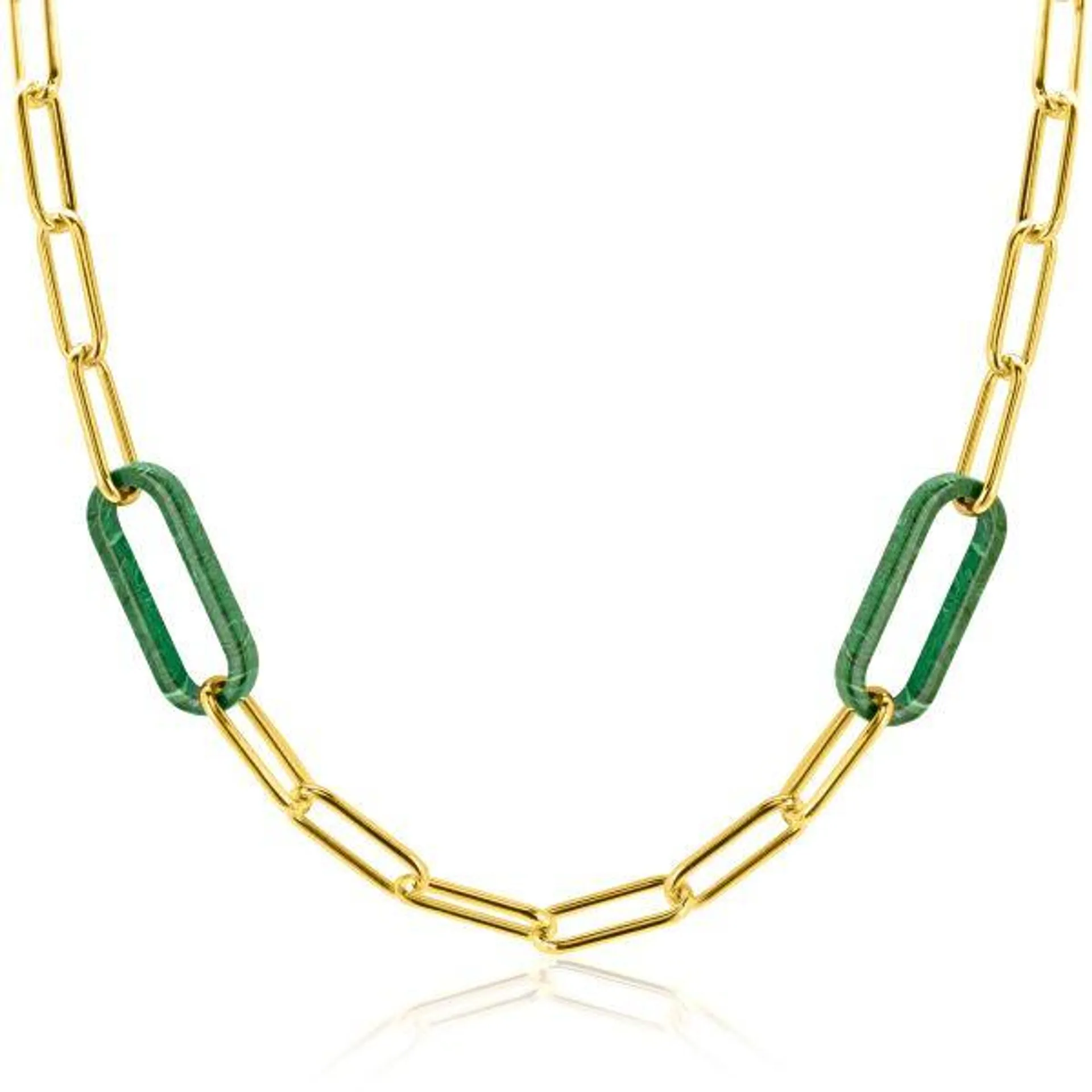 ZINZI gold plated zilveren luxe ketting 43cm met paperclip-schakels en twee grote trendy ovale schakels in malachietgroen ZIC2488