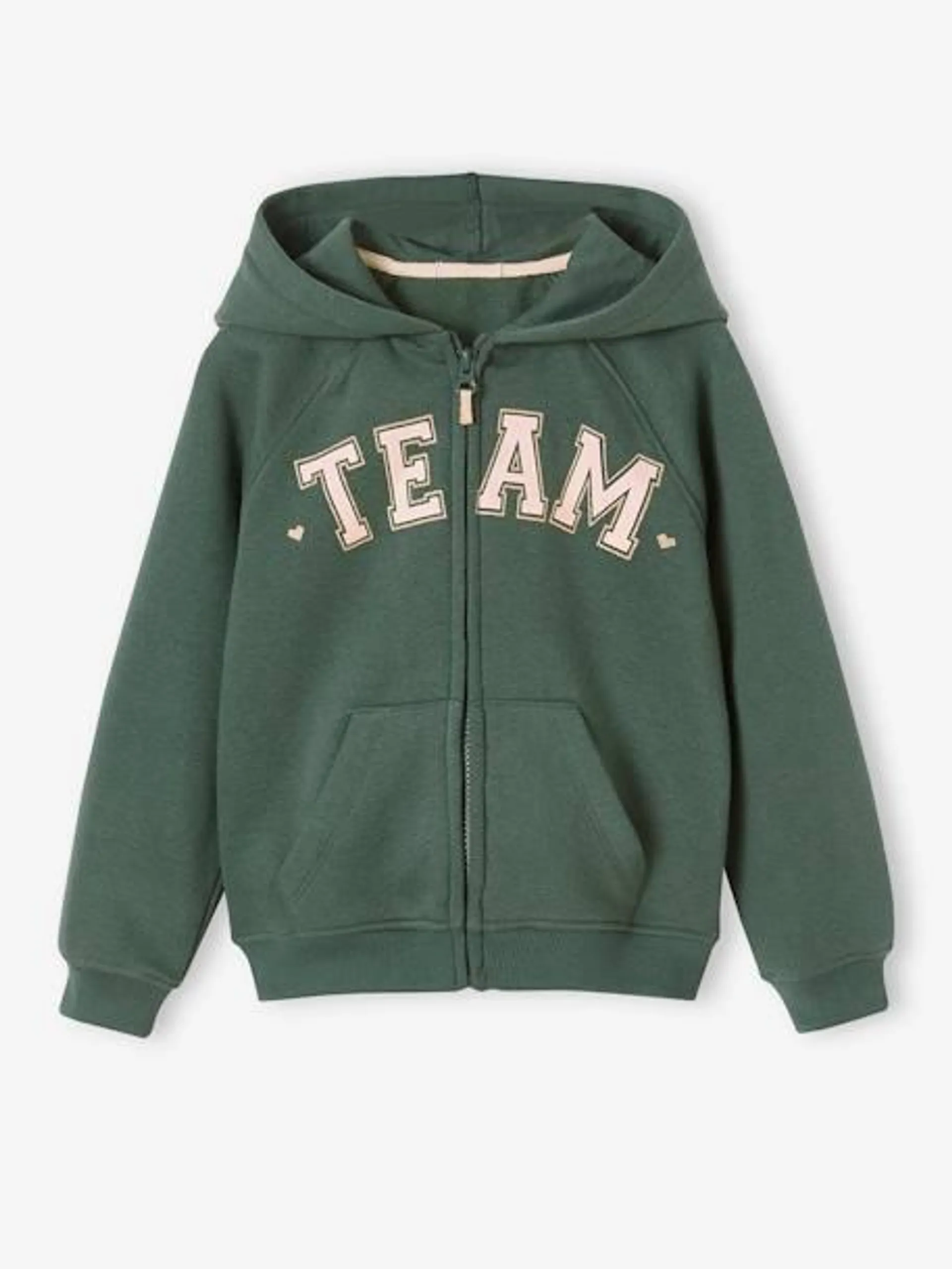 Sweat zippé à capuche motif "Team" sport fille - vert
