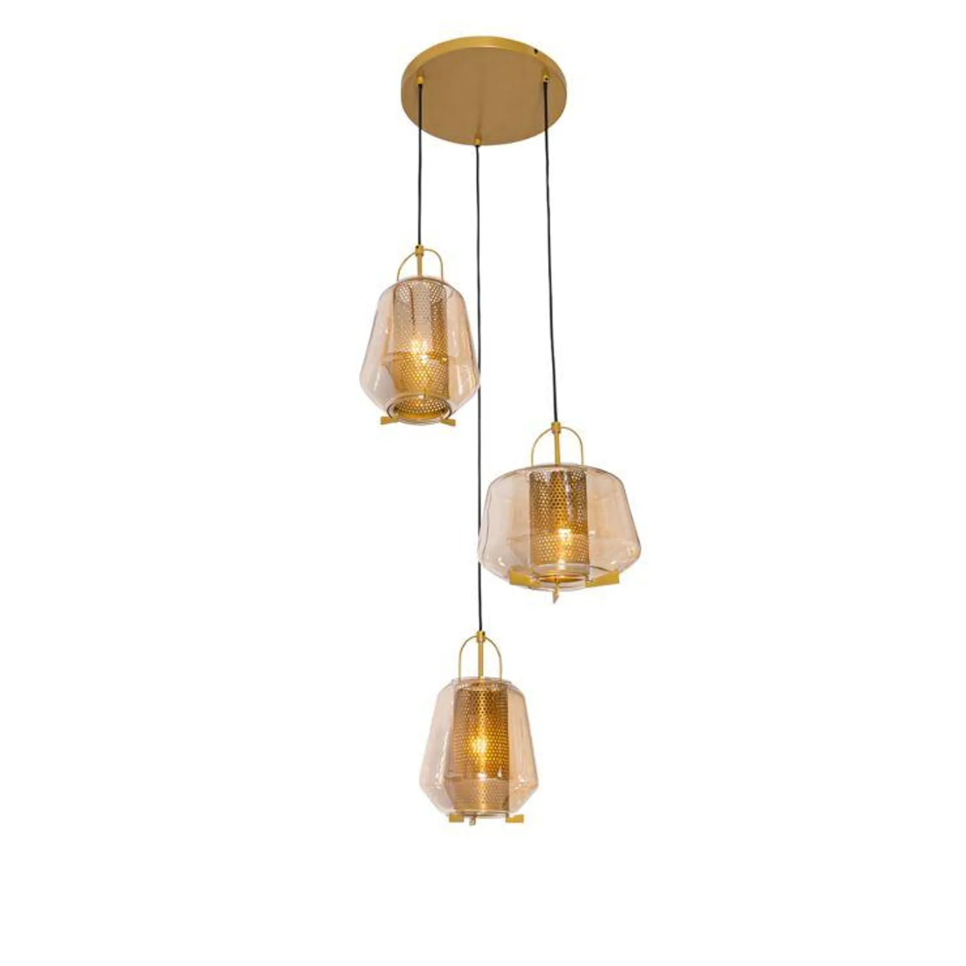 Hanglamp goud amber glas rond 3-lichts - Kevin