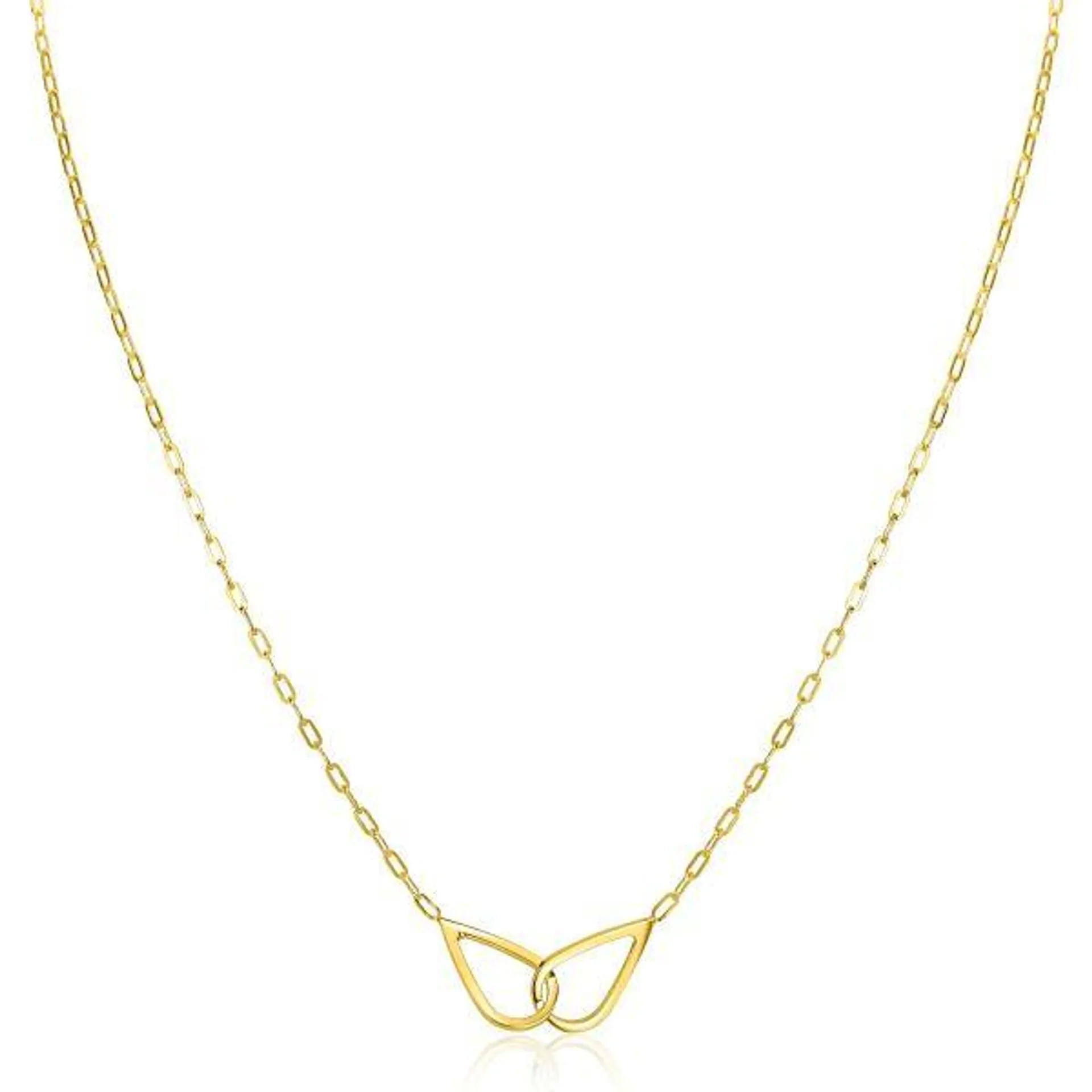 ZINZI gold plated zilveren ketting met paperclip-schakels, waarbij in het midden twee druppelvormen mooi met elkaar verbonden zijn 42-45cm ZIC2634