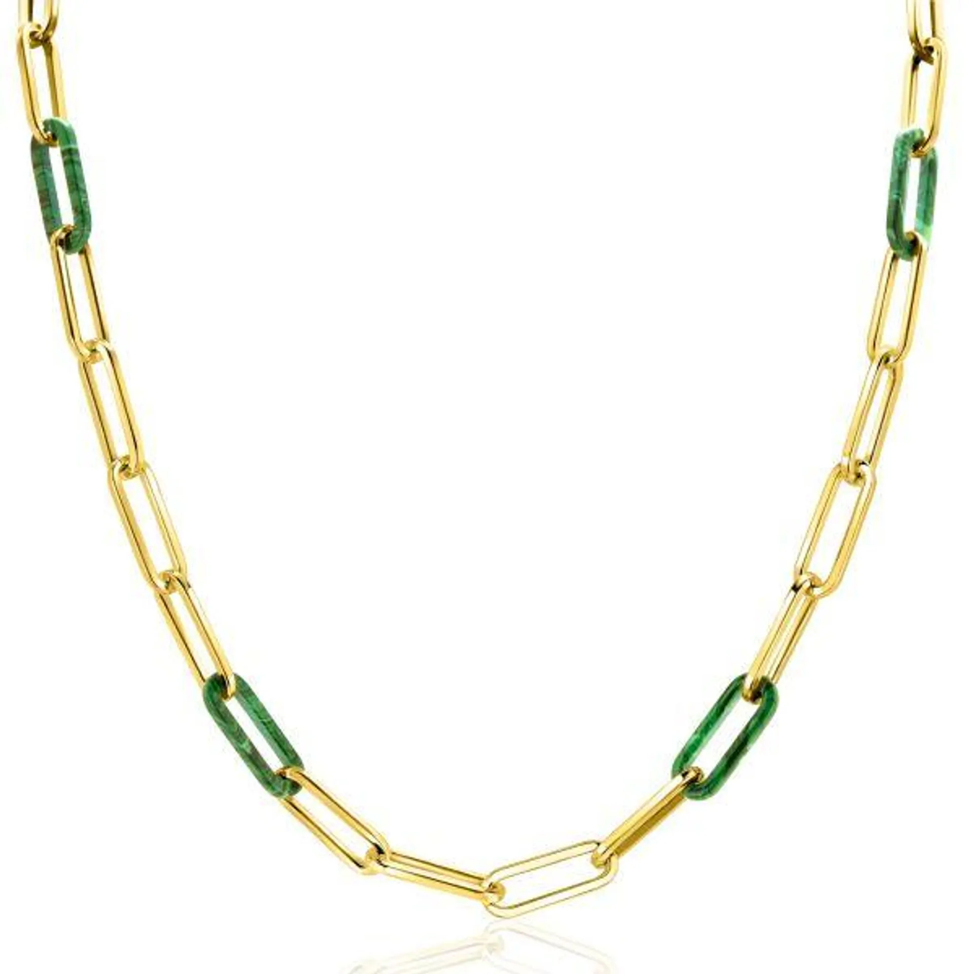 ZINZI gold plated zilveren ketting met paperclip-schakels en trendy schakels in malachietgroen 43cm ZIC2548