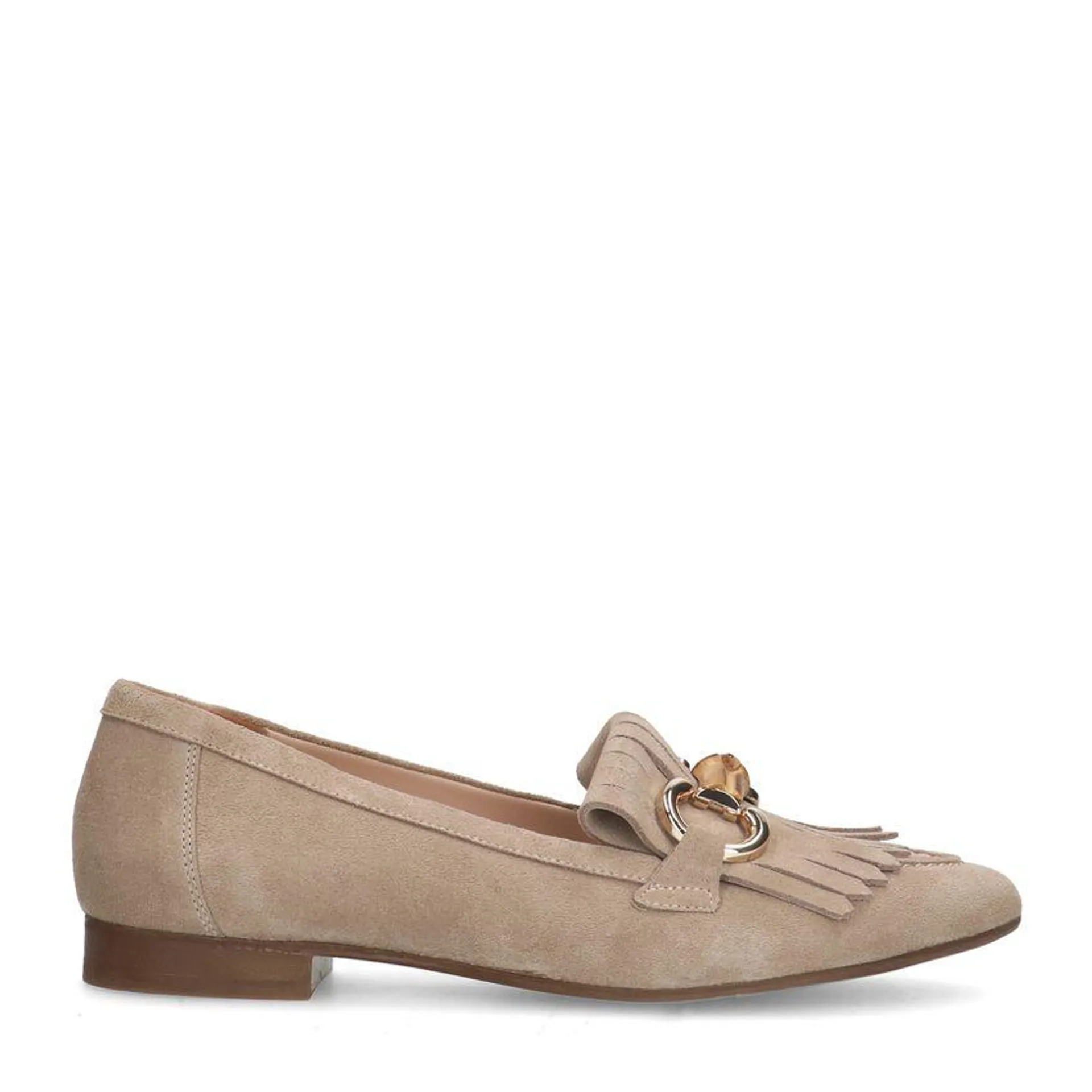 Beige suède loafers met franjes