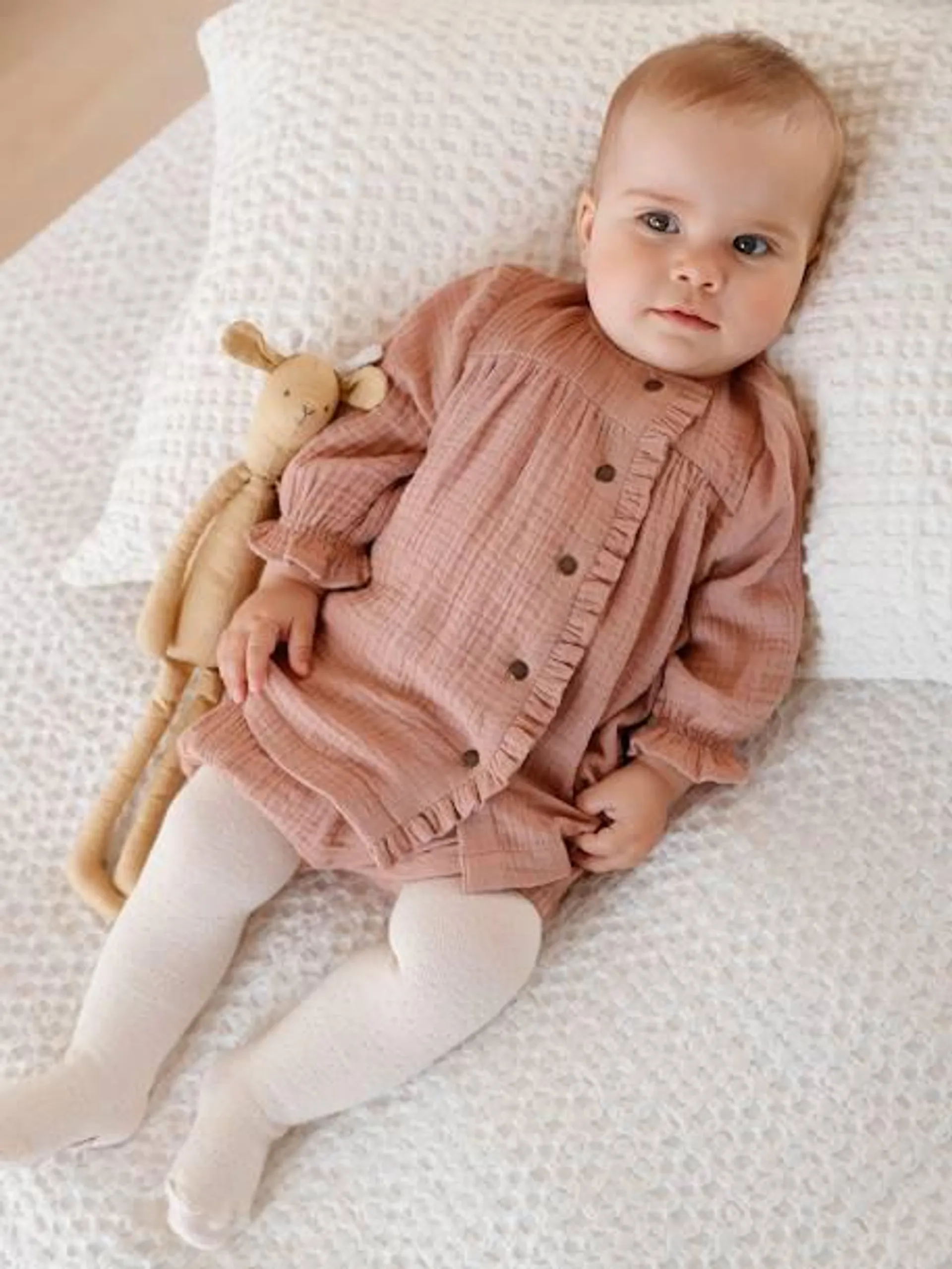 Robe en gaze de coton bébé et sa culotte assortie - vieux rose