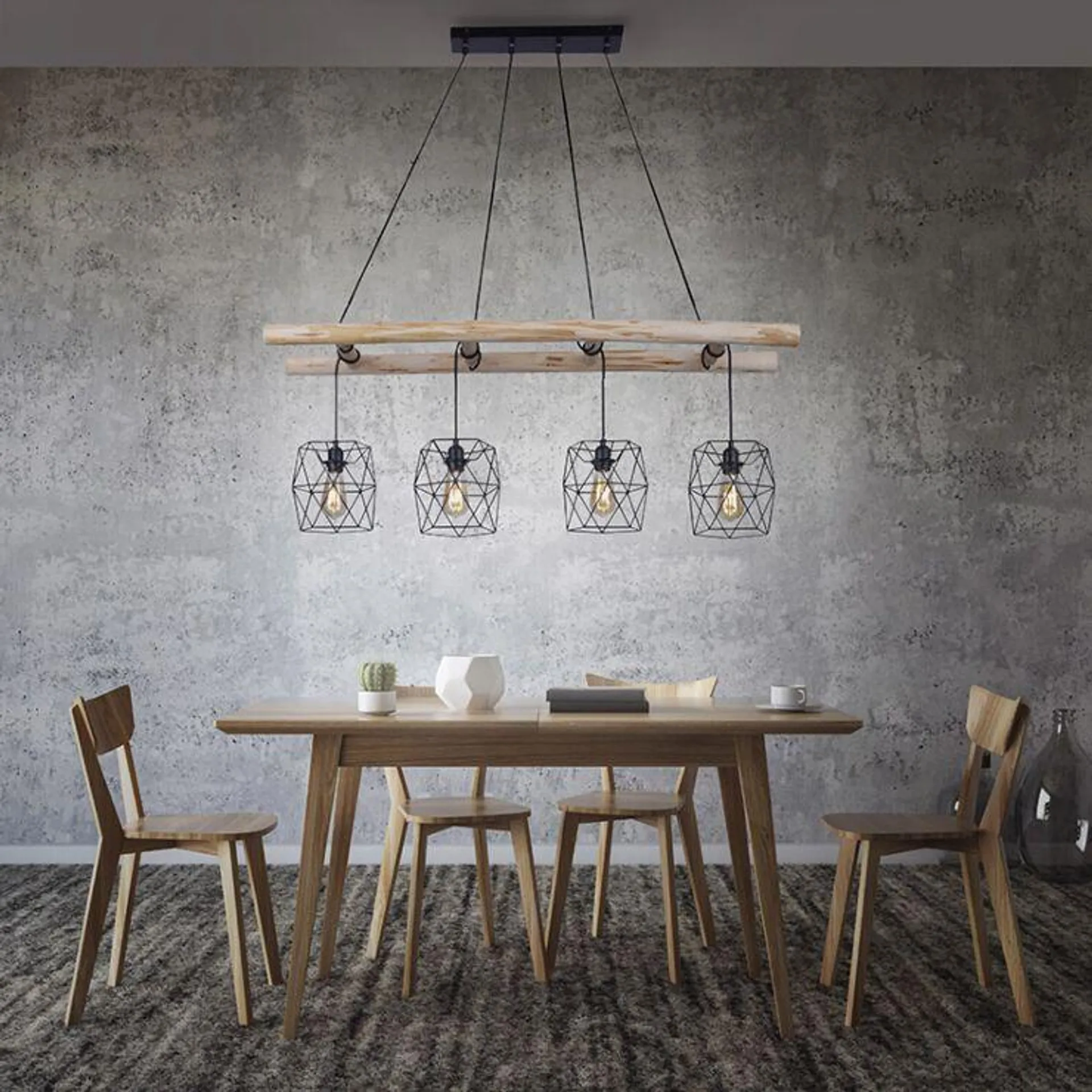 Industriële hanglamp zwart met hout 4-lichts - Mediena