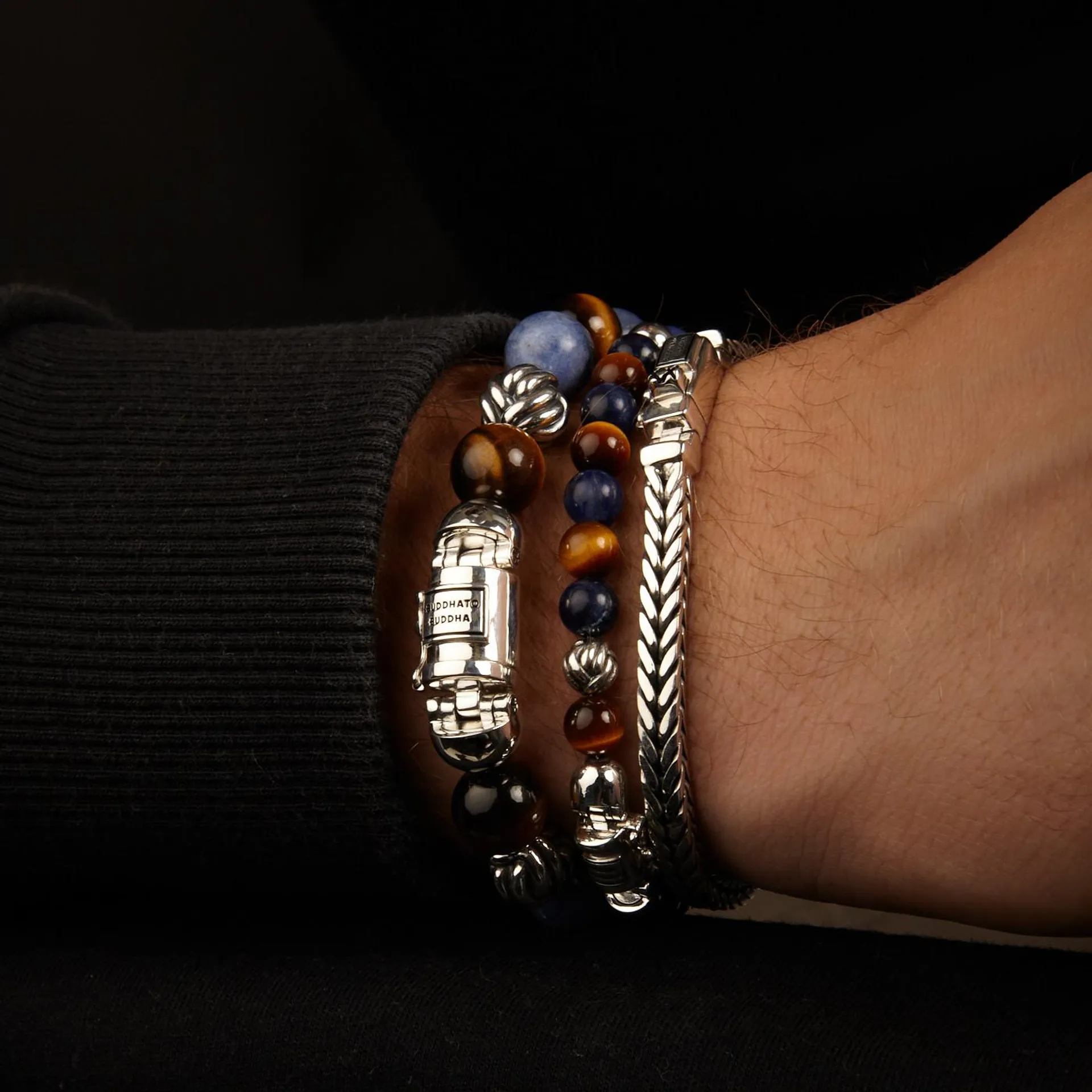 Spirit 925 Sterling Zilveren Mix Sodalite Tigereye Armband BTB188MS (Lengte: 19.00-21.00 cm)