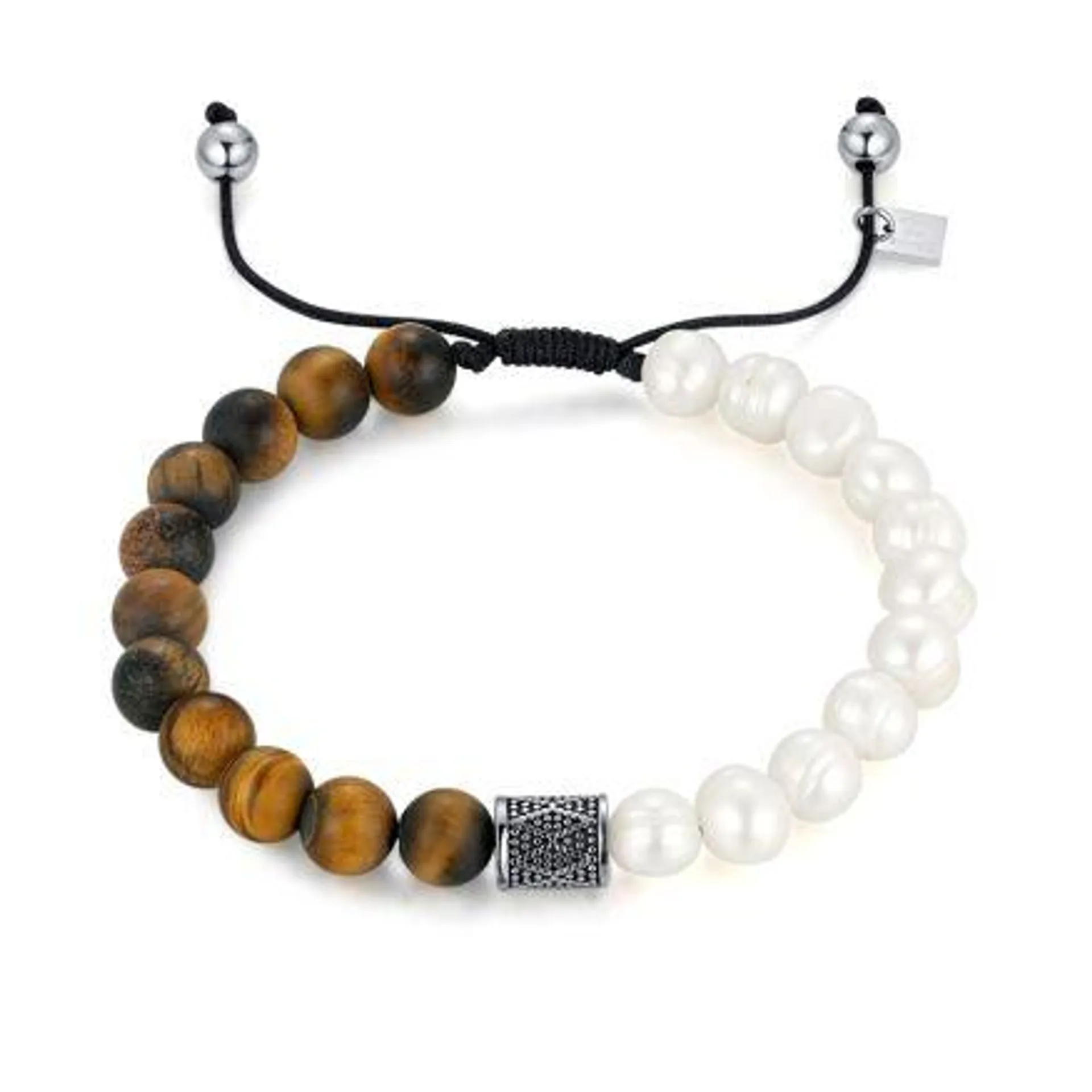 Armband in edelstaal, zoetwaterparels en bruine tiger eye stenen, zwart verstelbaar koord.