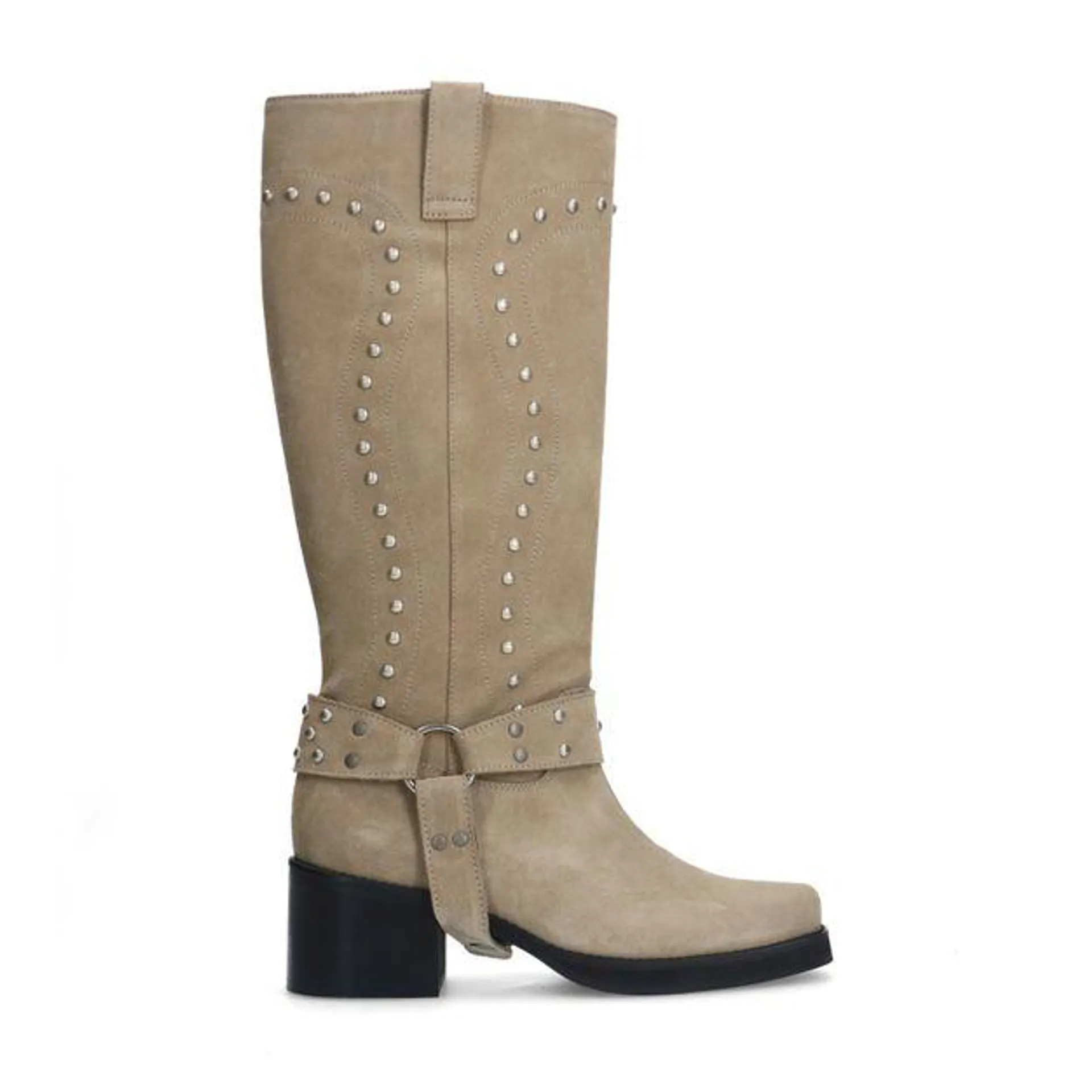 Beige suède biker boots met studs