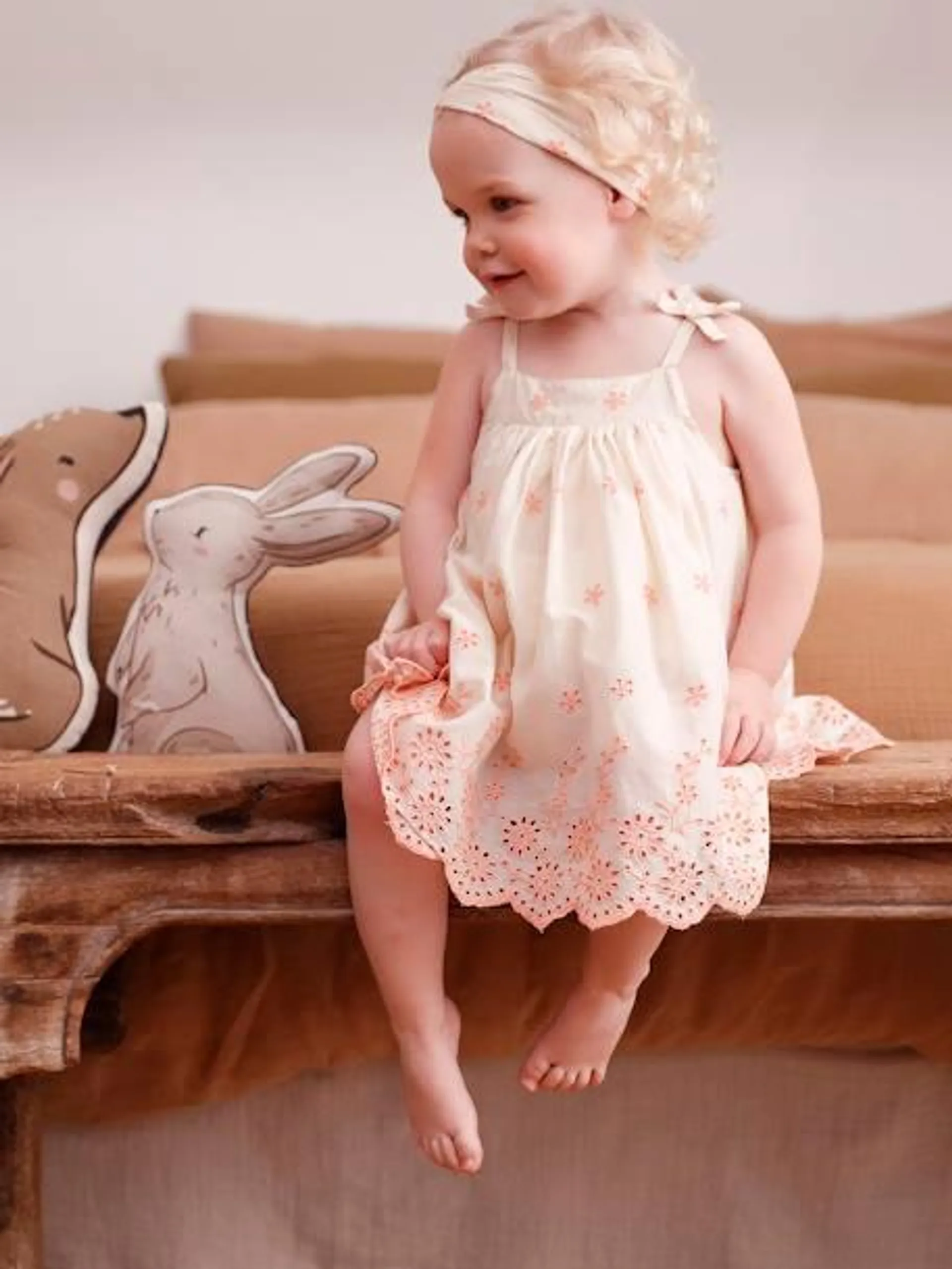 Robe brodée et son bandeau assorti bébé - écru