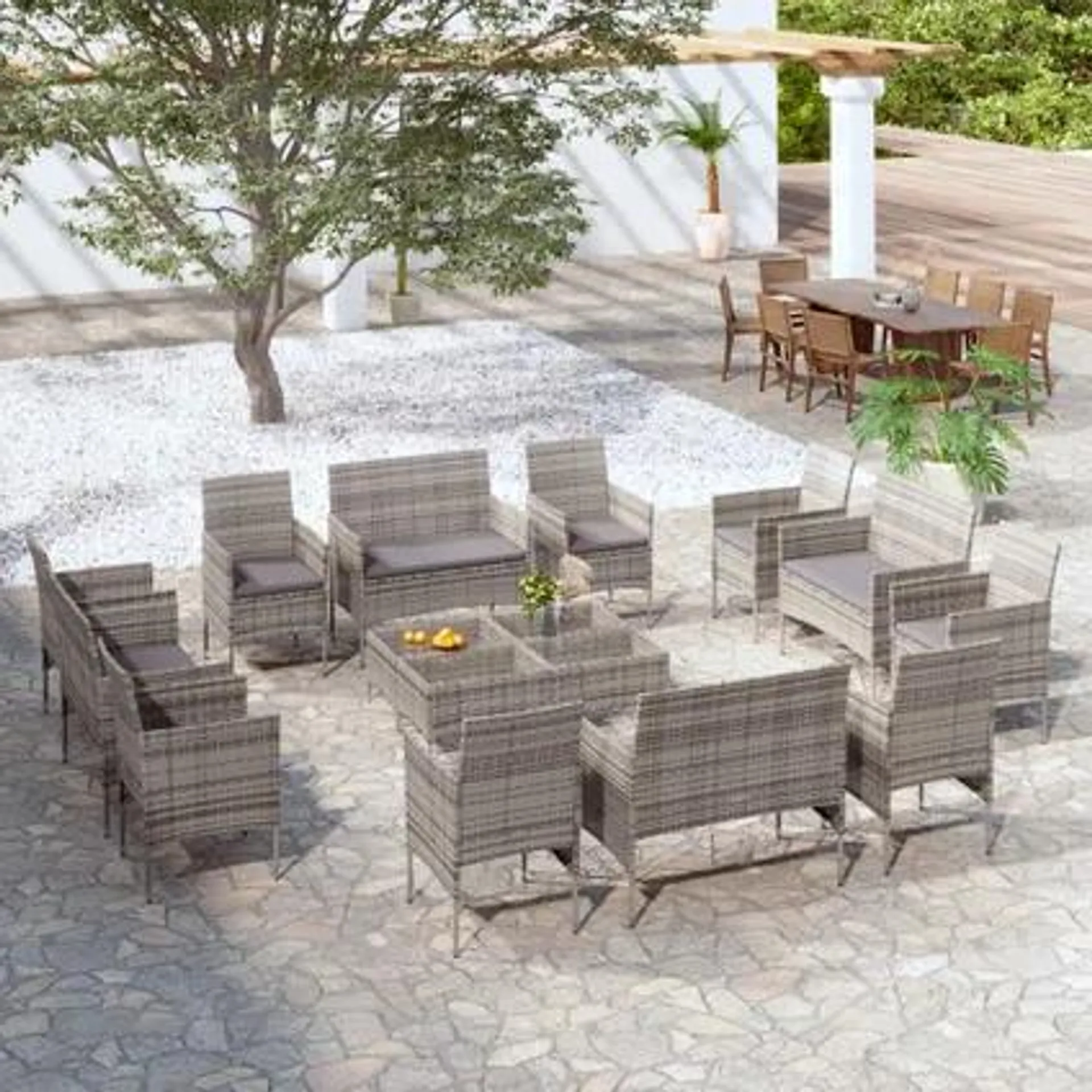 vidaXL Salon de jardin 16 pcs avec coussins Résine tressée Gris