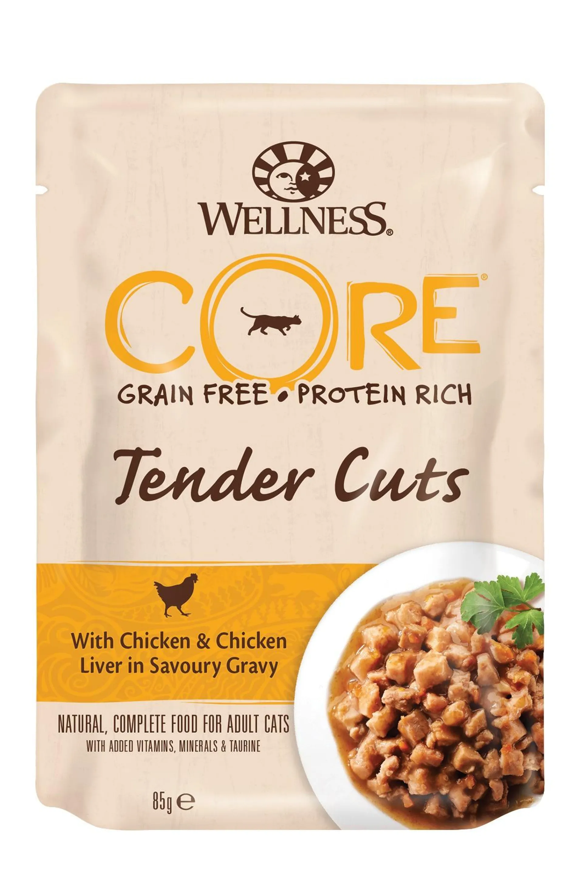 Wellness core grain free tender cuts kip & kippelever 85g voor kat