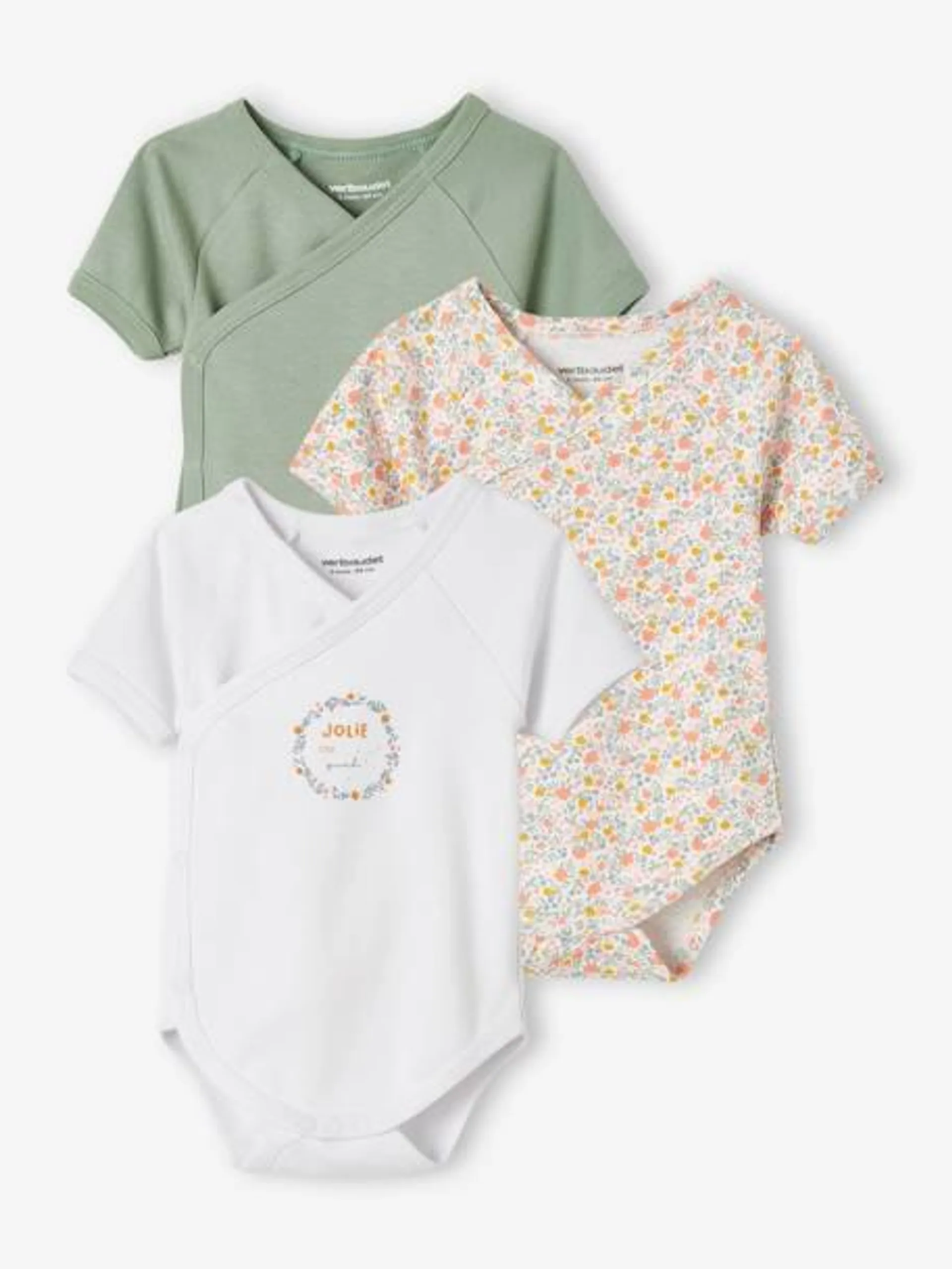 Lot de 3 bodies fleurs manches courtes bébé ouverture naissance - lot tilleul