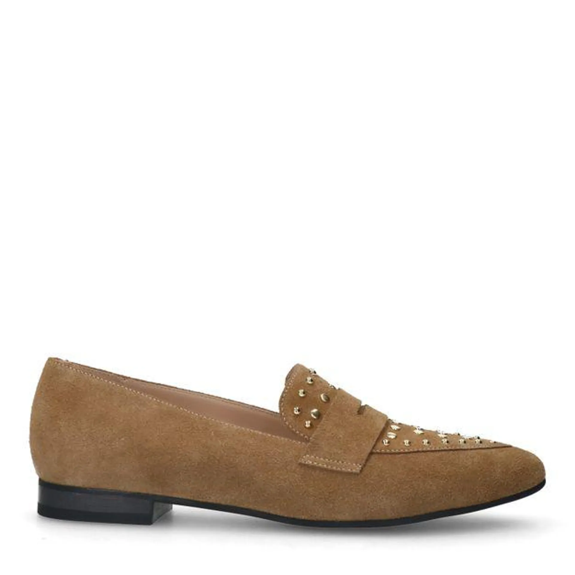 Cognac suède loafers met gouden studs