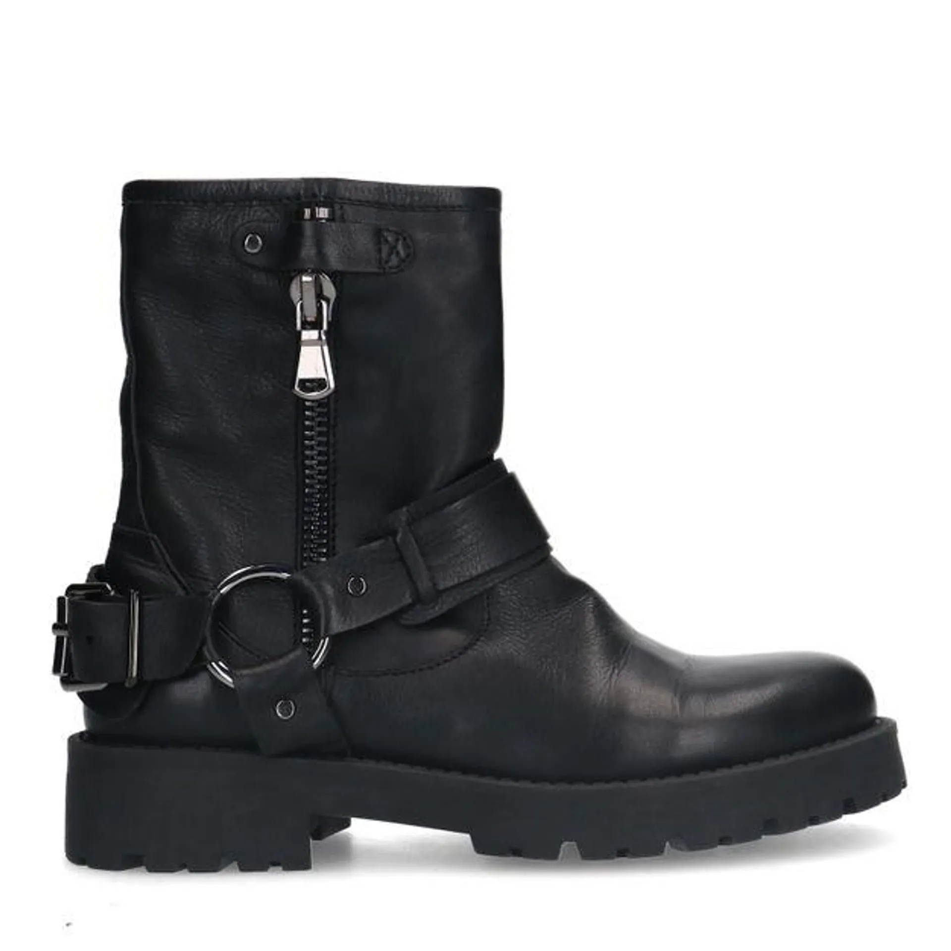 Zwarte leren biker boots met zilverkleurige buckle