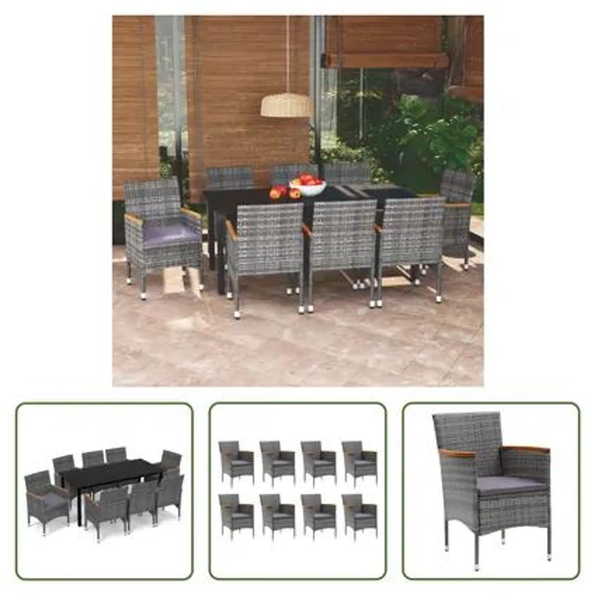 vidaXL Mobilier à dîner de jardin et coussins 9pcs Résine tressée Gris