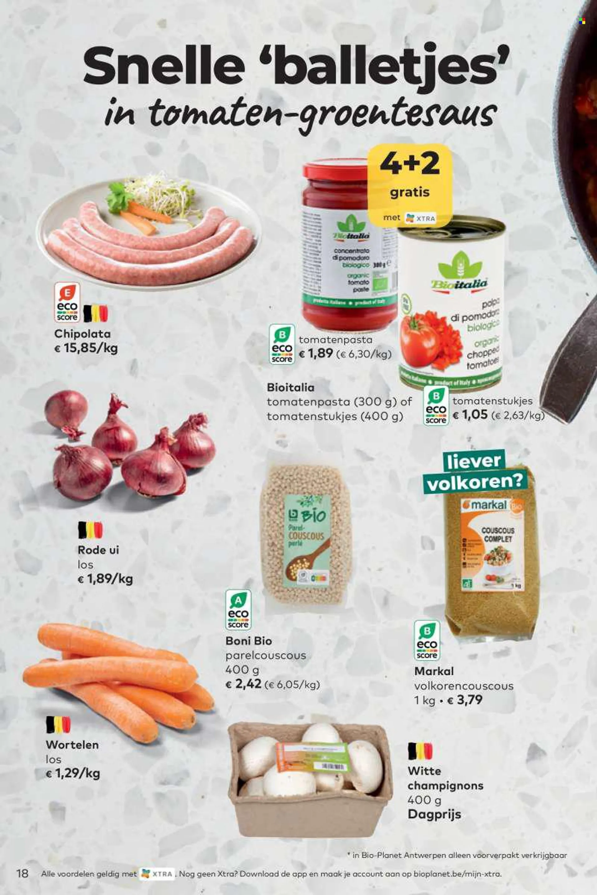 Bio Planet-aanbieding - 17.8.2022 - 13.9.2022 -  producten in de aanbieding - champignons, rode ui, tomaten, chipolataworstjes, couscous. Pagina 18.