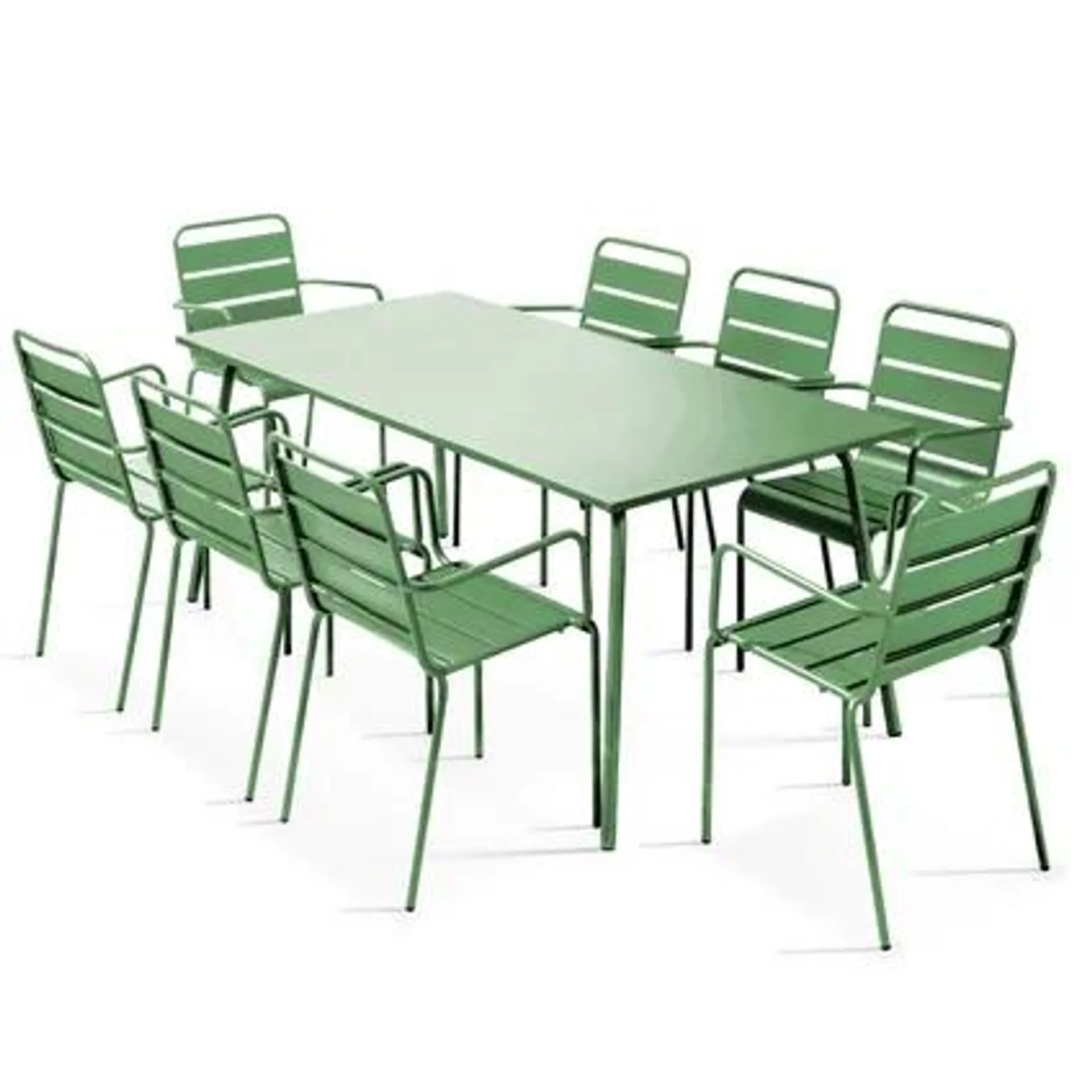 Ensemble table de jardin et 8 fauteuils en métal Oviala Palavas vert cactus