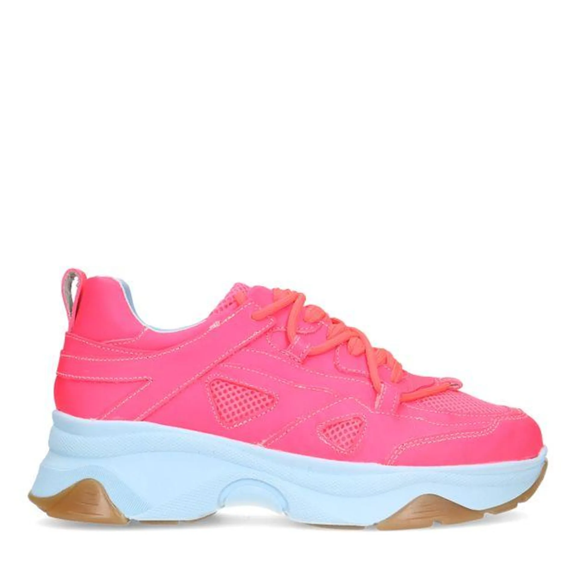 Roze leren platform sneakers met lichtblauwe zool