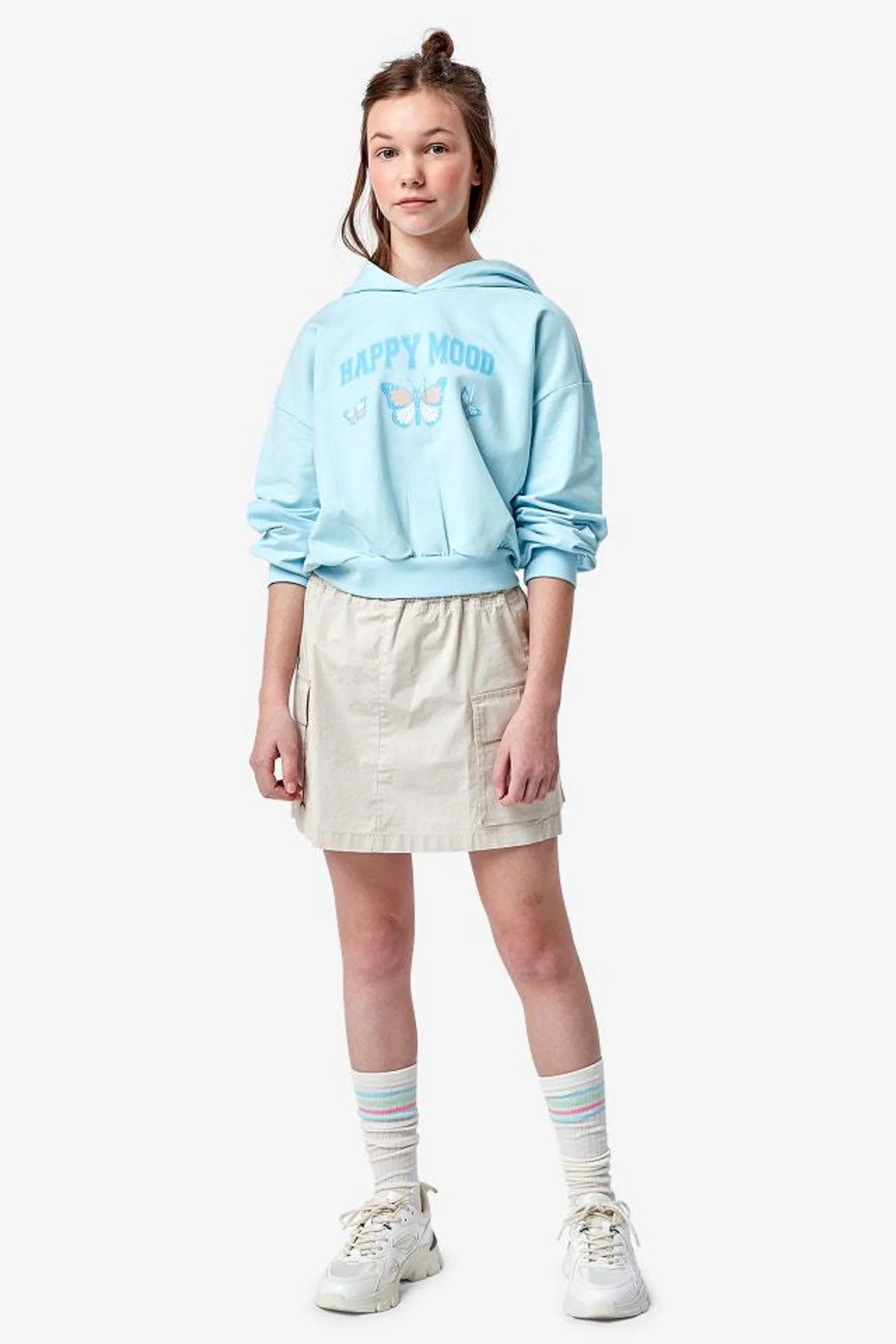Lichtblauwe cropped hoodie met print Happy mood