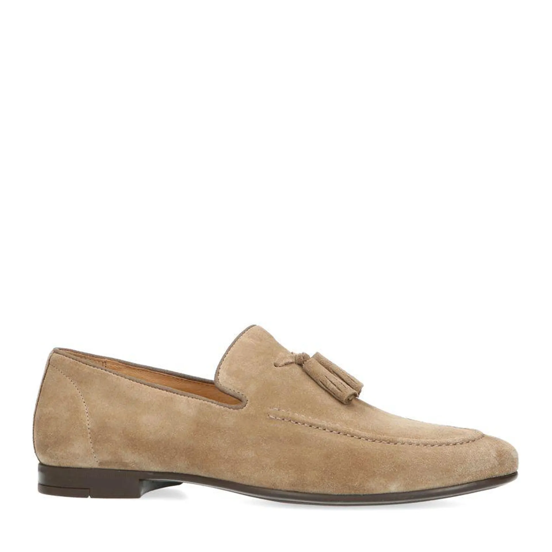 Taupe suède loafers met kwastjes