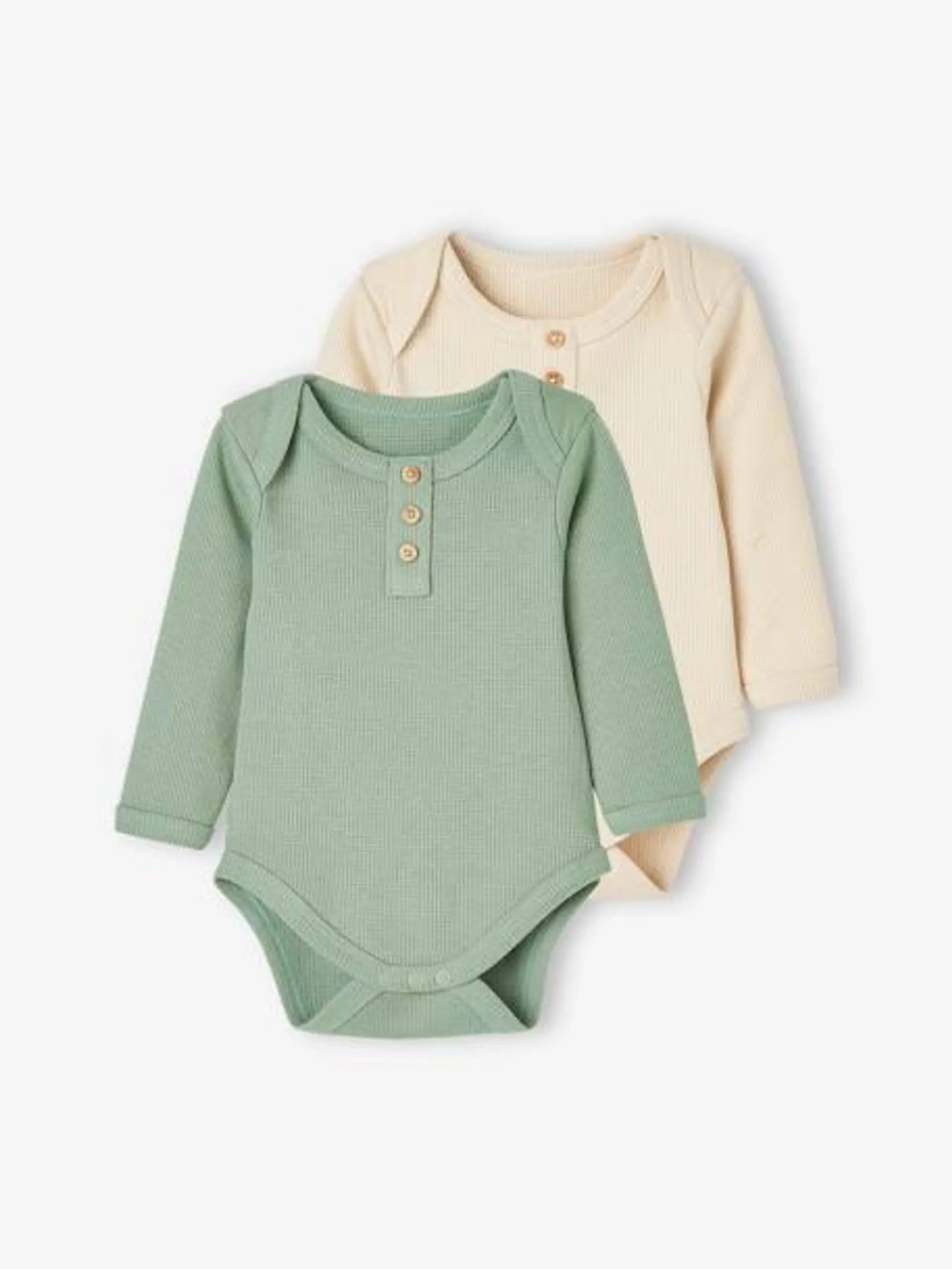 Lot de 2 bodies manches longues bébé maille nid d'abeille - lot vert tilleul foncé