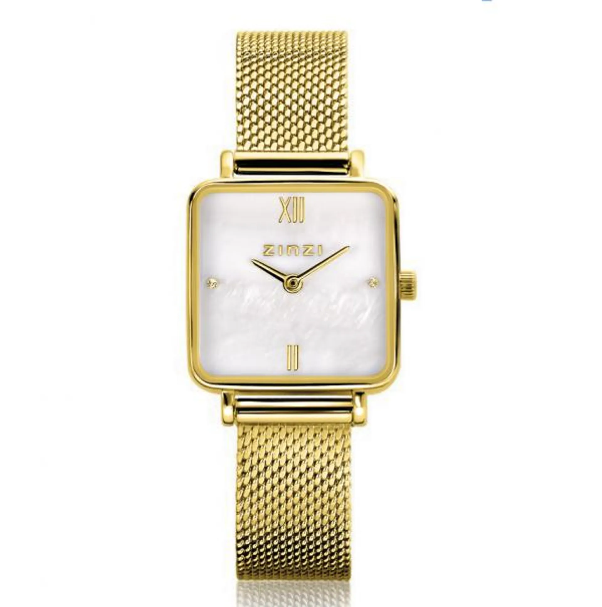 ZINZI Square Mini horloge witte parelmoer wijzerplaat en vierkante geelgoudkleurige kast stalen mesh band 22mm extra dun ZIW1734