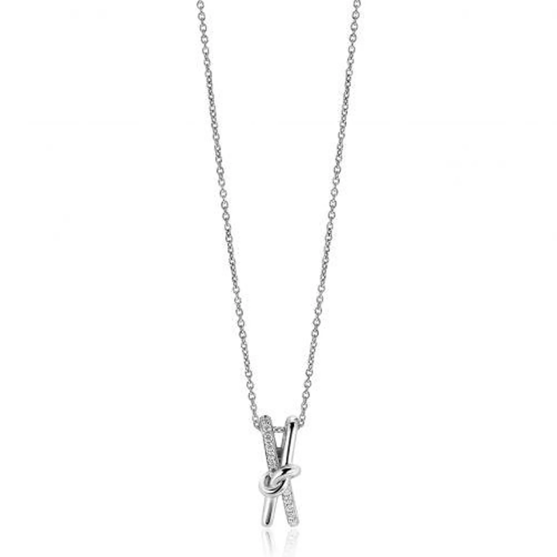 45cm ZINZI zilveren ketting met cross-over hanger 19mm met knoop, bezet met witte zirconia's ZIC2505