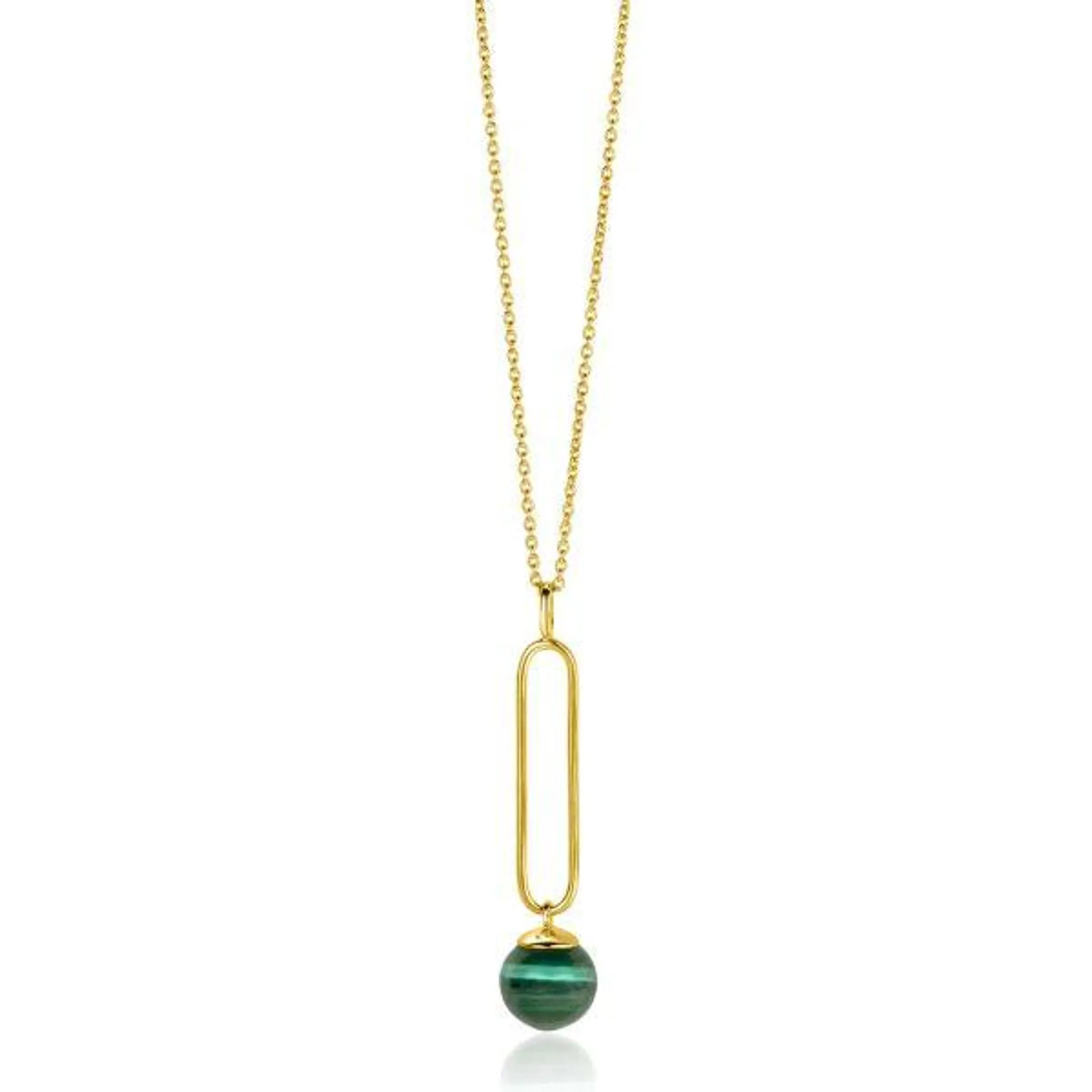 ZINZI gold plated zilveren ketting met lange ovale hanger en bungelende groene cateye in bolvorm 40-45cm ZIC2420