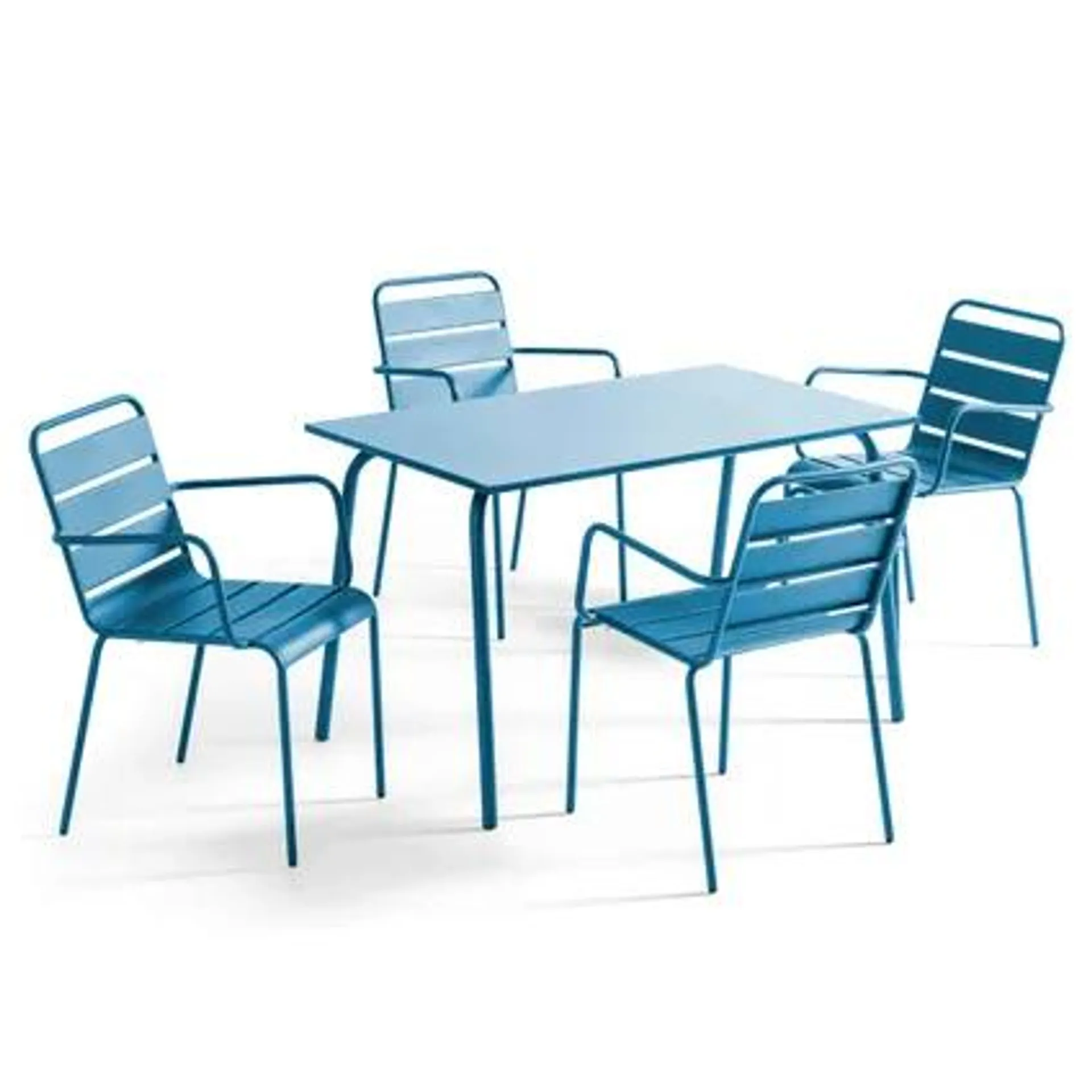 Ensemble table de jardin et 4 fauteuils en métal Oviala Palavas bleu pacific