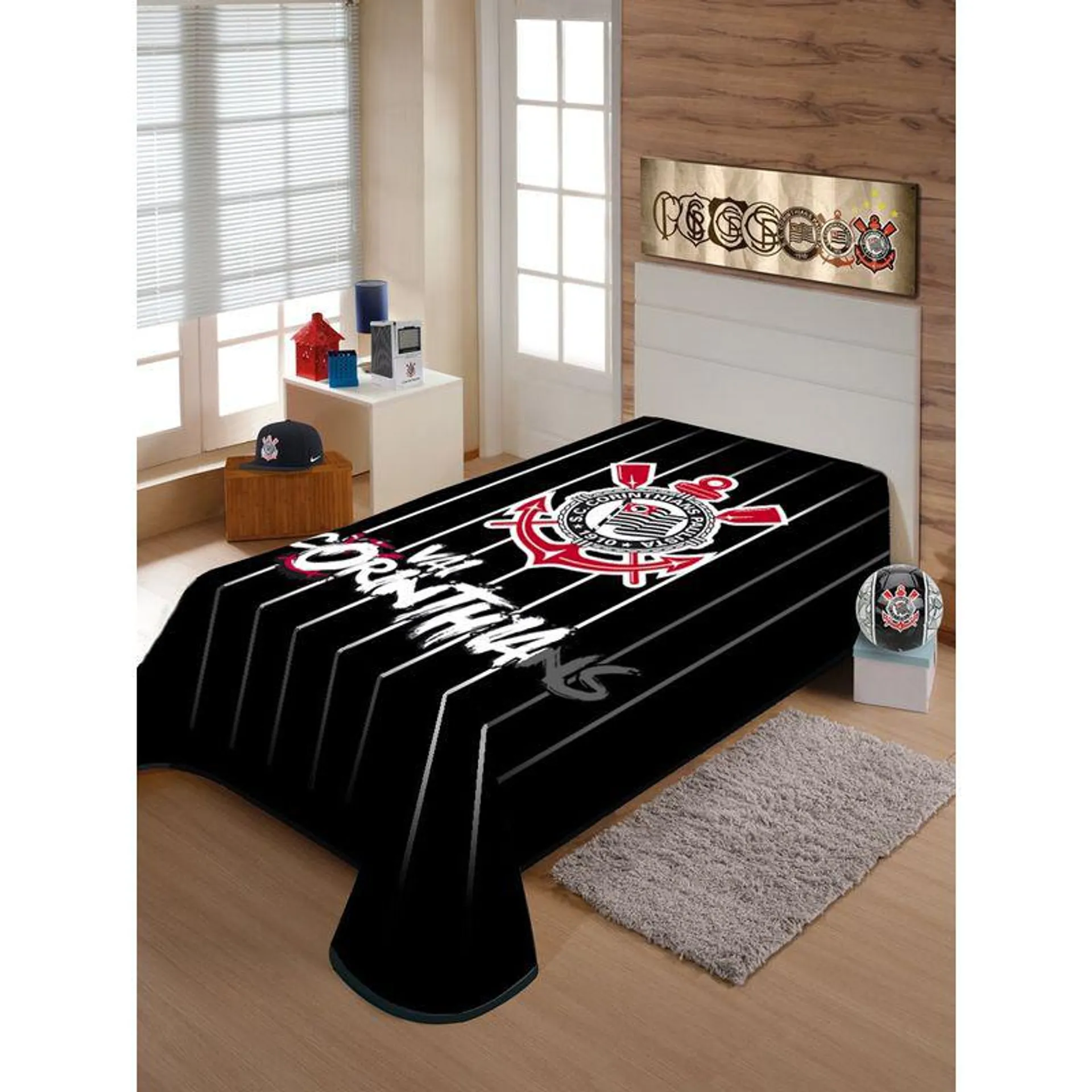 Cobertor Solteiro Raschel Plus Corinthians Paulista 220x150cm - Jolitex