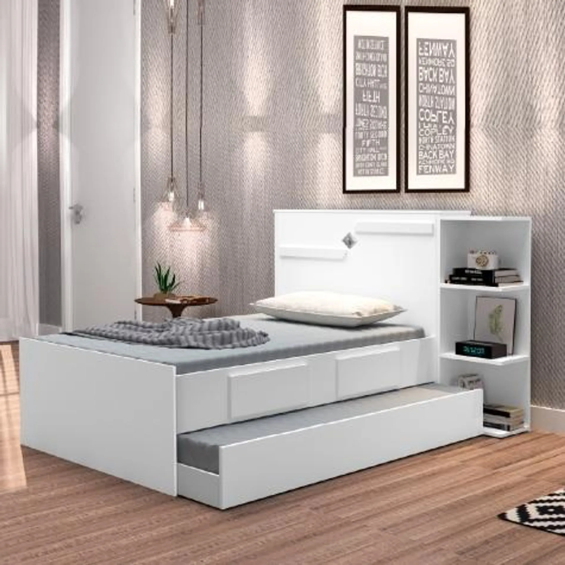 Cama Solteiro Cabeceira Baú com cama auxiliar 0,88m 2 Gavetas Hortencia Branco / Branco Lilás Flex