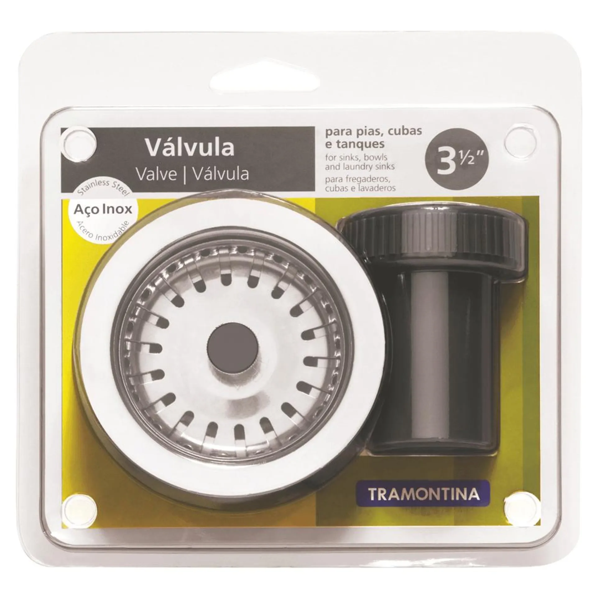 Válvula Econômica 3 1/2 sem Escape em Aço Inox Polidos e Polipropileno para Pias Cubas e Tanques 5,5x9,5cm Tramontina