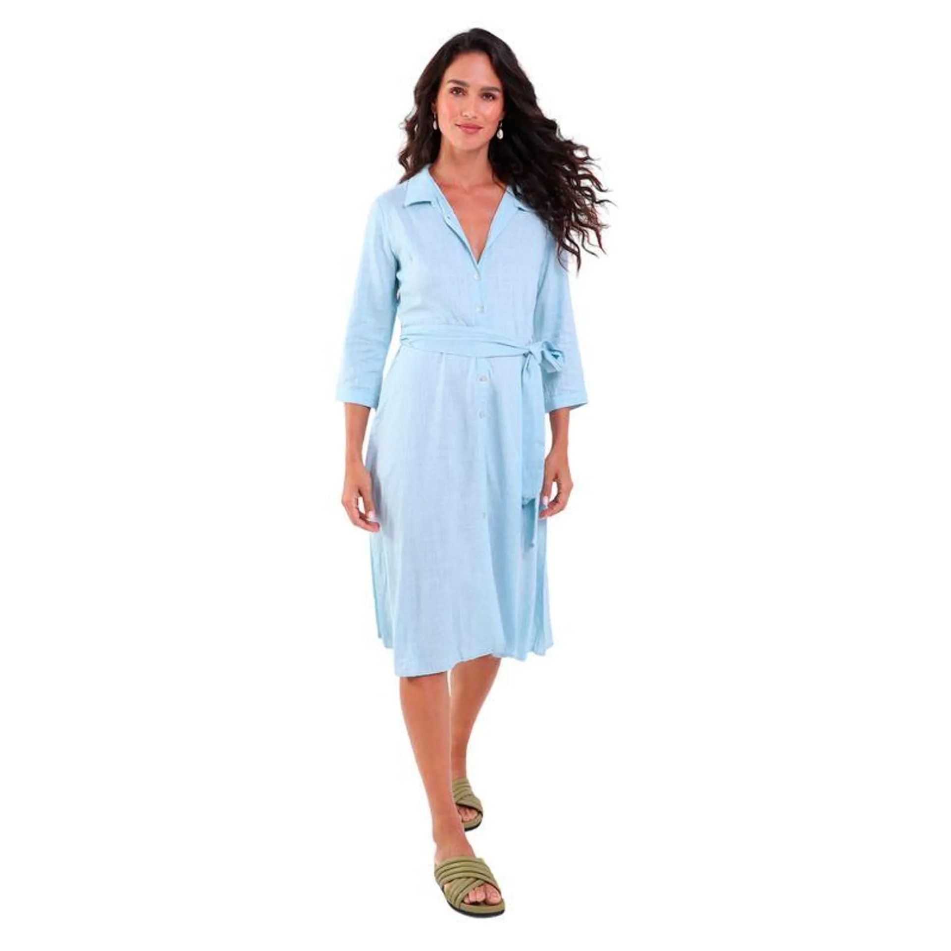 Vestido Longo Linho Chemise Manga 3/8 Azul Claro