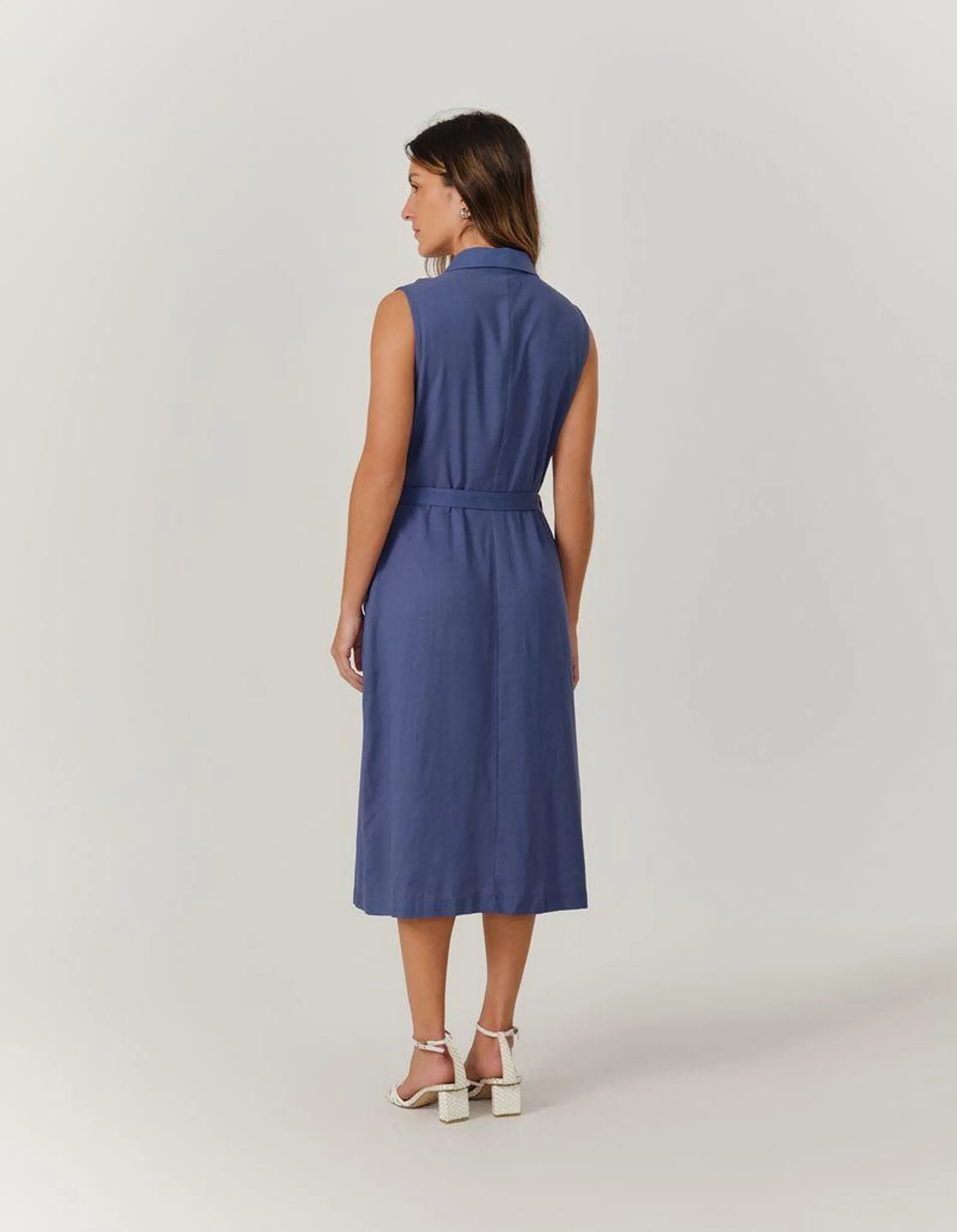 Vestido Midi Linho Botoes - Azul Acinzentado